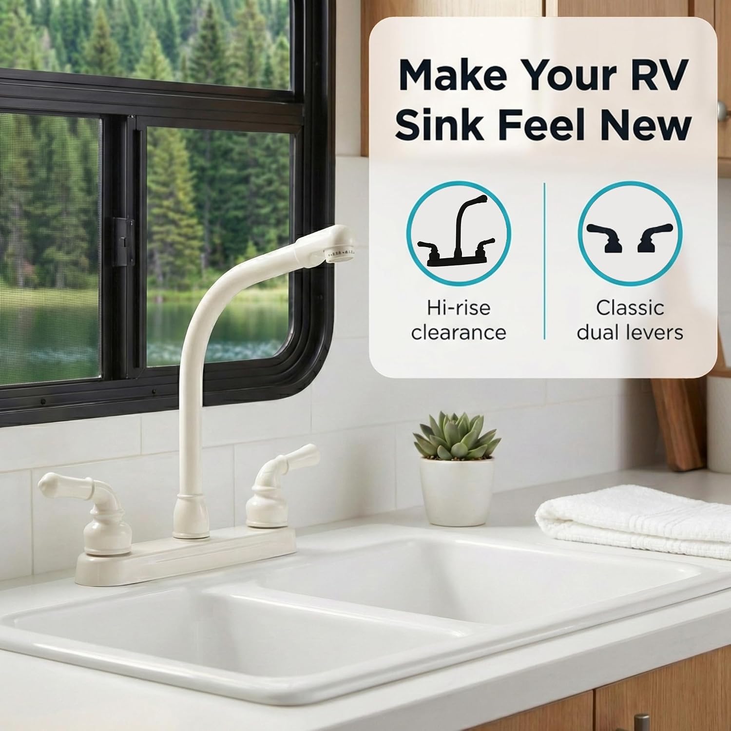 Dura Faucet DF-PK210C-SN RV Hi-Rise Kitchen Sink Faucet (Satin Nickel) | Tall spout and classical levers make washing big pots easy. Brushed Satin Nickel.