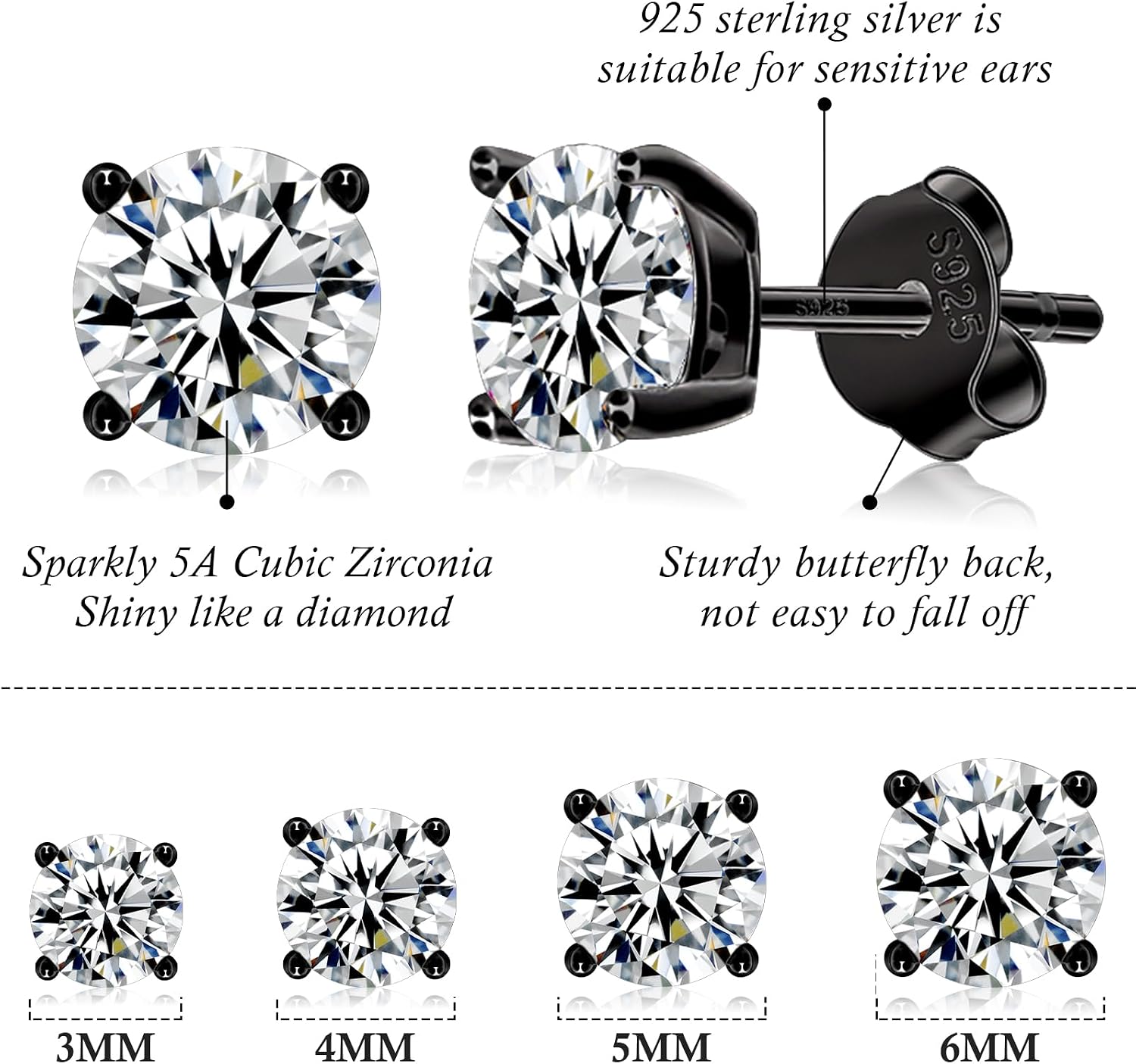 925 Sterling Silver Stud earrings Set | White Gold Plated Hypoallergenic Stud Earrings | Cubic Zirconia Stud Earrings for Women (2mm, 3mm, 4mm, 5mm