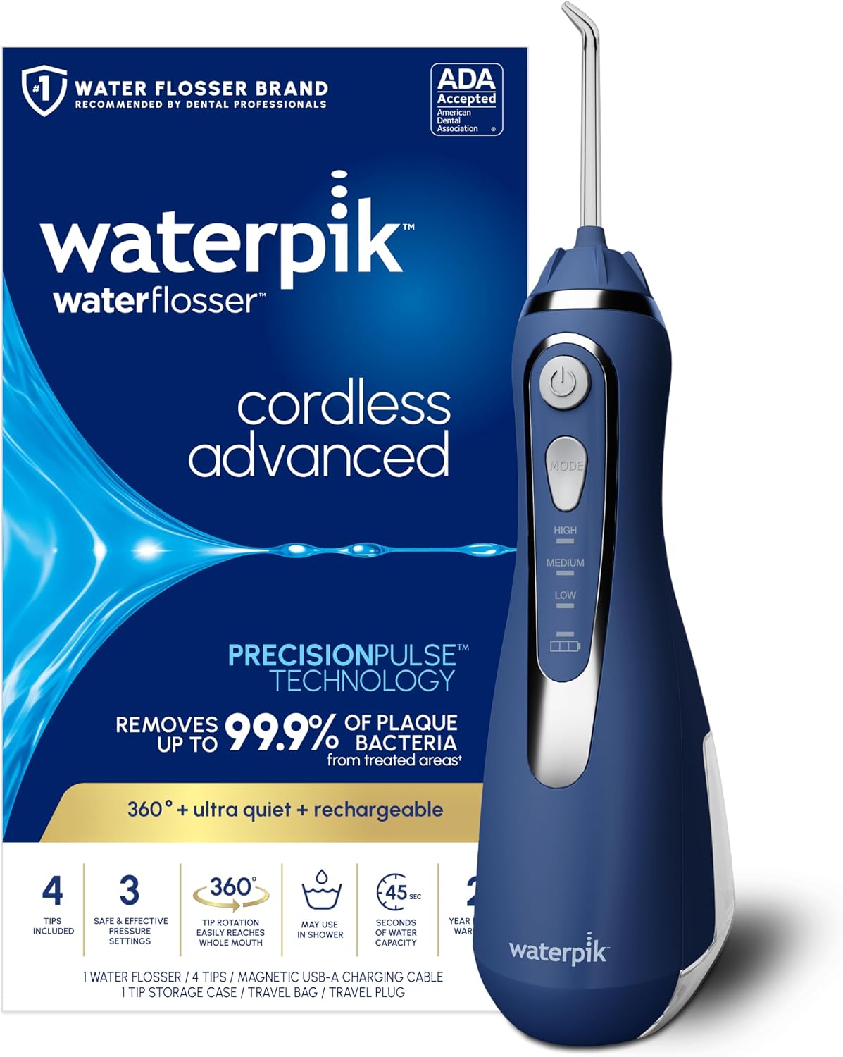 Waterpik Cordless Advanced Portable Water Flosser, Rechargeable, Black | 3 Settings, 4 Tips, Travel Bag, for Gums, Teeth, Dental Braces, Implants, Shower Use ADA Accepted WP-582 Packaging May Vary