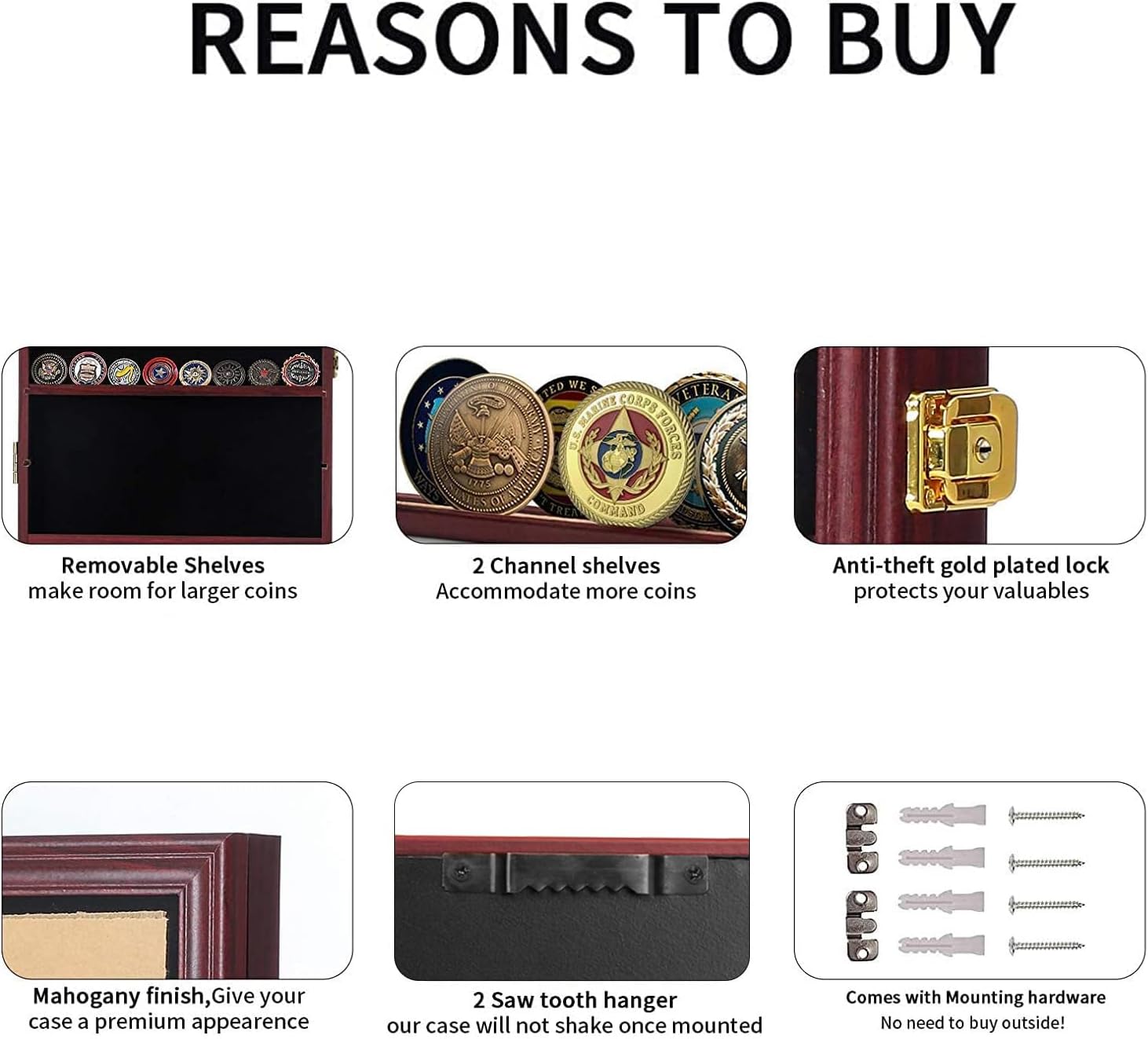 Jinchuan Military Challenge Coin Display Case Lockable Cabinet Rack Holder Shadow Box with Removable 2 Grooves Shelves and Anti Dust Door for Casino