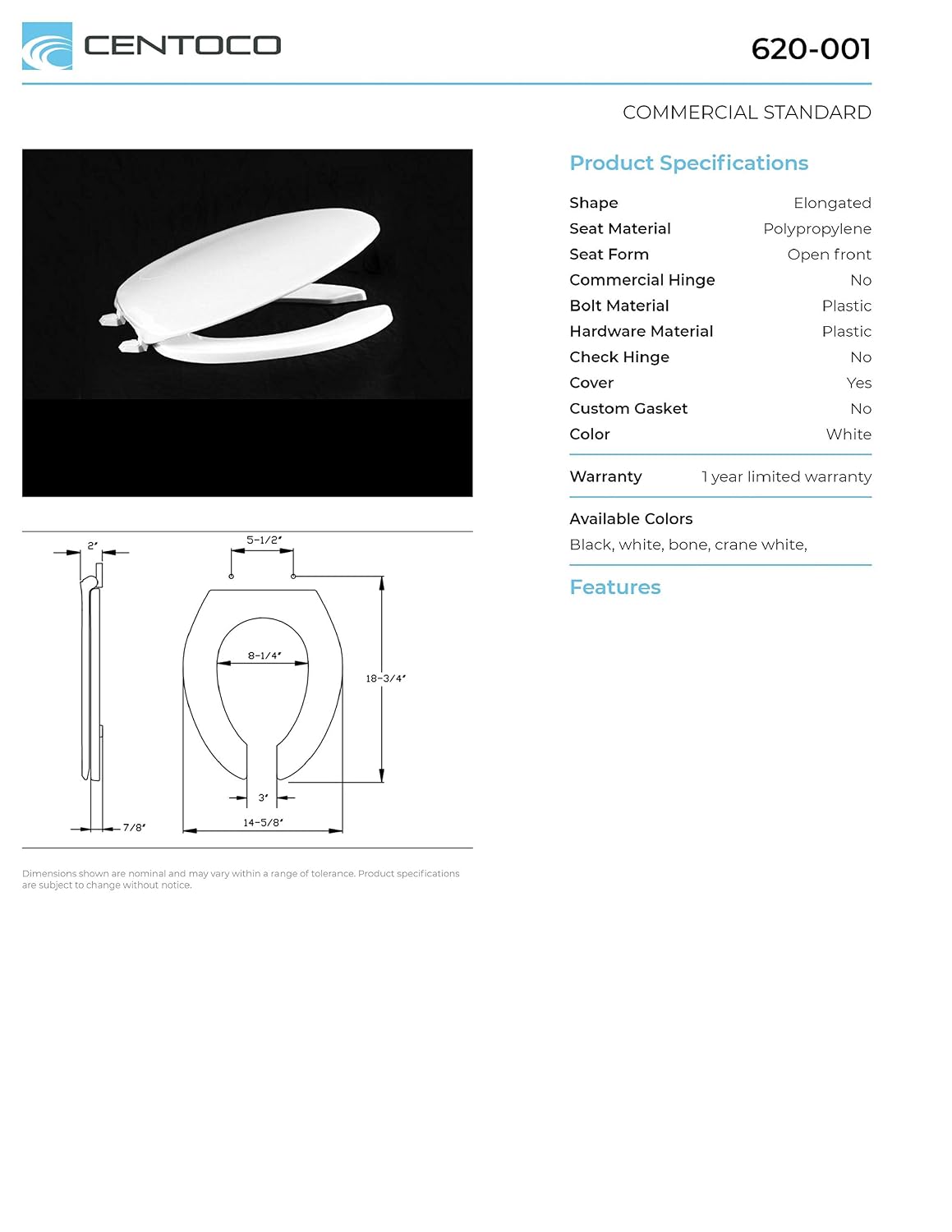 Centoco Toilet Seat Elongated, Residential, Top Mount Plastic Hinge, Black | Plastic, Closed Front, Cover, Made in the USA, 600-407