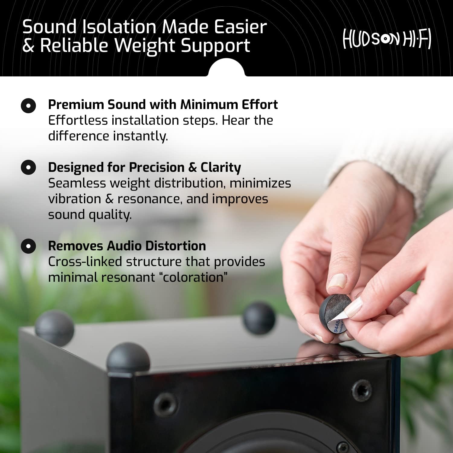 Hudson Hi-Fi Speaker Isolation Feet (4-Pack, 1") – Adhesive Silicone Anti-Vibration Pads for Speakers, Turntables, Subwoofers & Amplifiers, Supports 5-18 lbs Per Pad