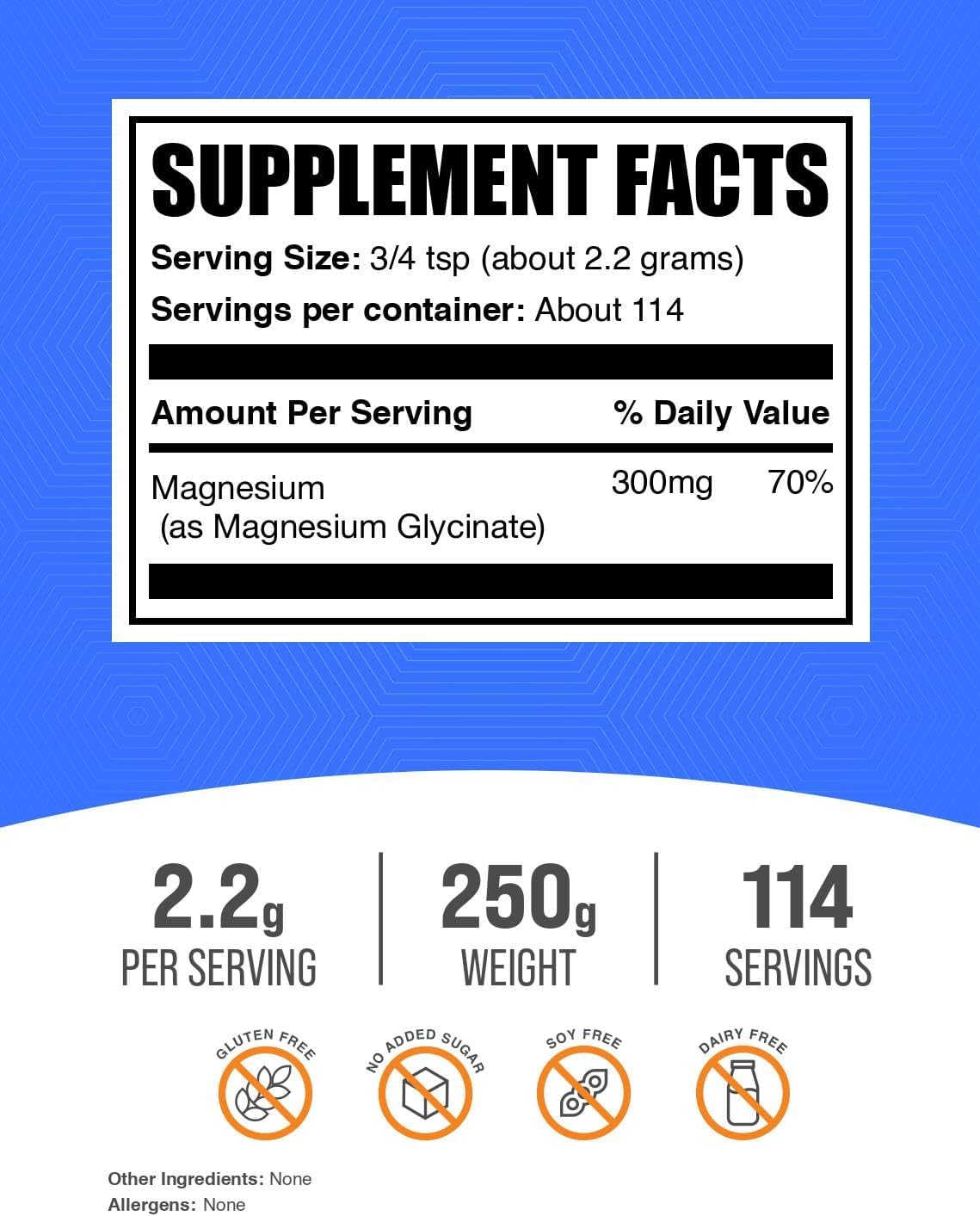 BulkSupplements.com Magnesium Glycinate Powder - Magnesium Glycinate 300mg, Highly Absorbable - Gluten Free, 2.2g per Serving, 500g (1.1 lbs) (Pack of 1)