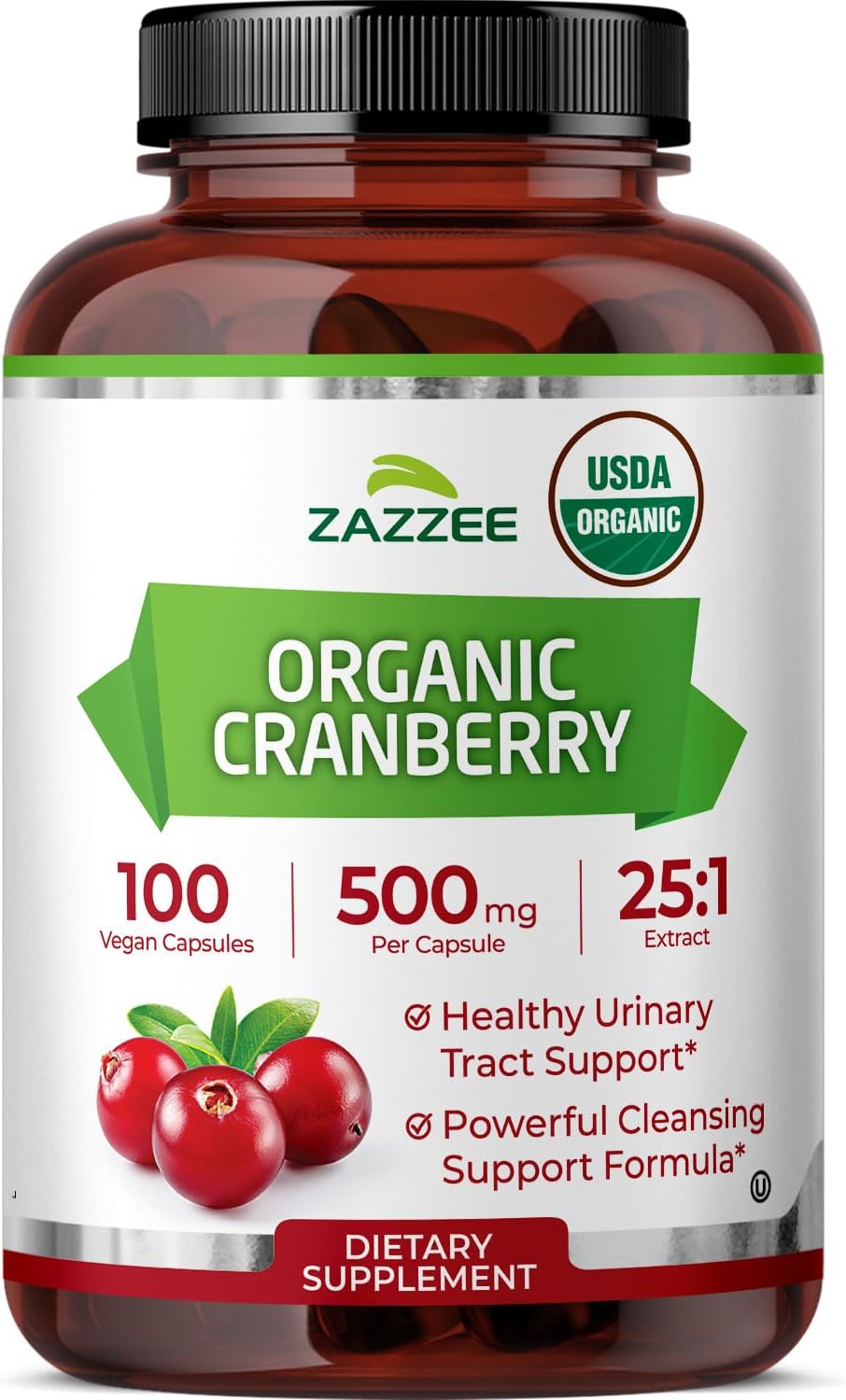 Zazzee USDA Organic Cranberry 25:1 Extract, 500mg per Capsule, 100 Capsules | Vegan, 3+ Month Supply, Certified Kosher, Vaccinium Macrocarpon, Non-GMO, Made in the USA