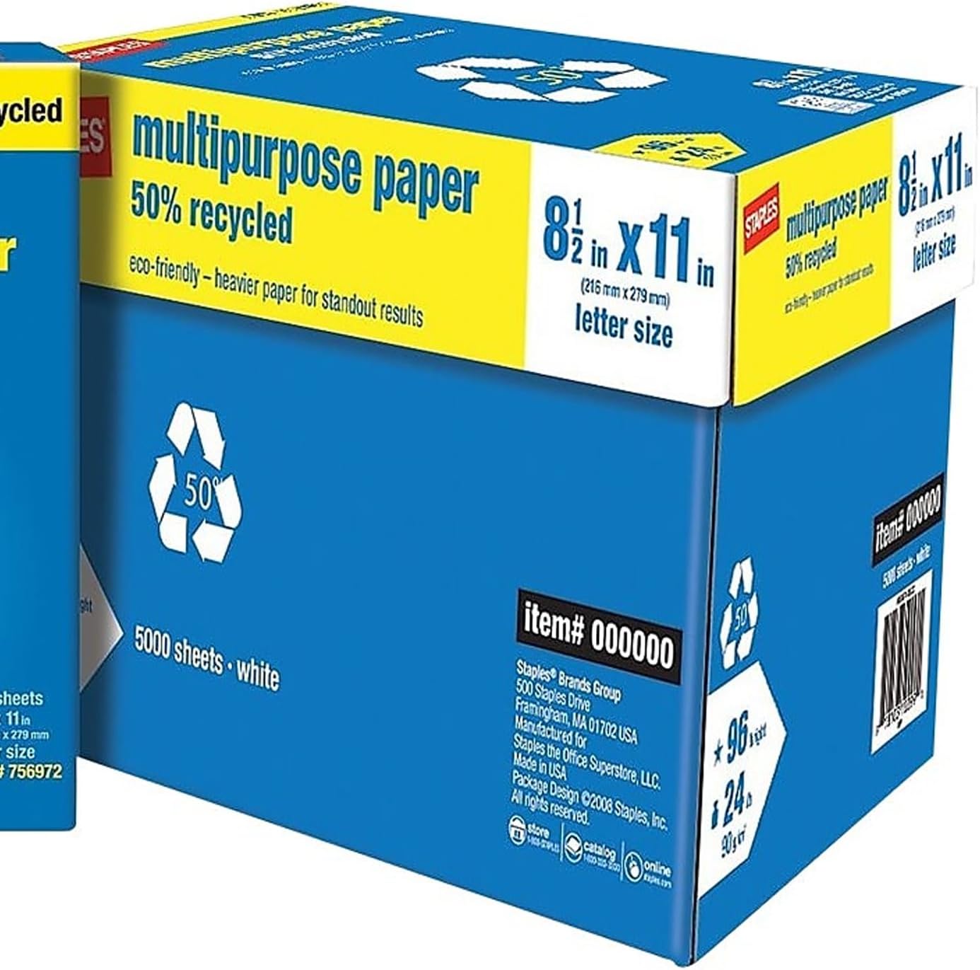 Staples 100% Recycled Printer Paper Bright White Copy/Fax/Laser/Inkjet, 500 Sheets