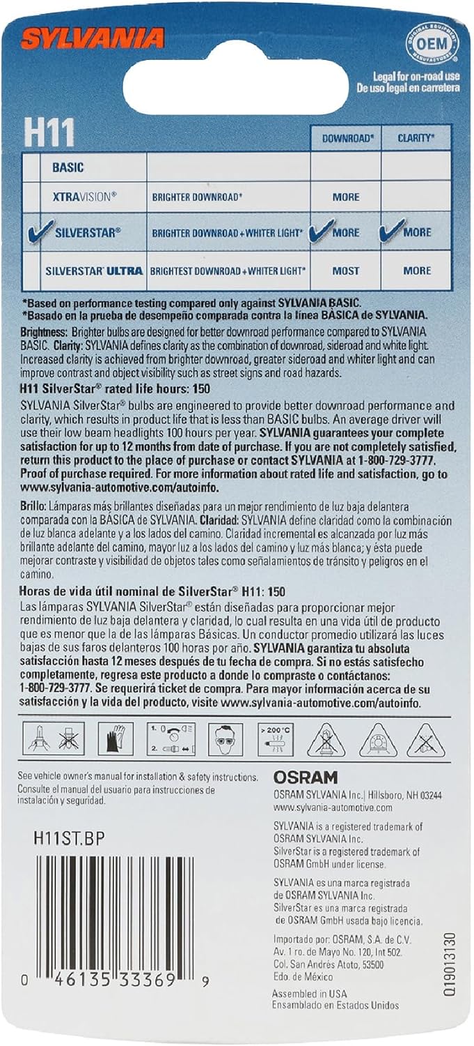 SYLVANIA - H11 SilverStar - High Performance Halogen Headlight Bulb, High Beam, Low Beam and Fog Replacement Bulb