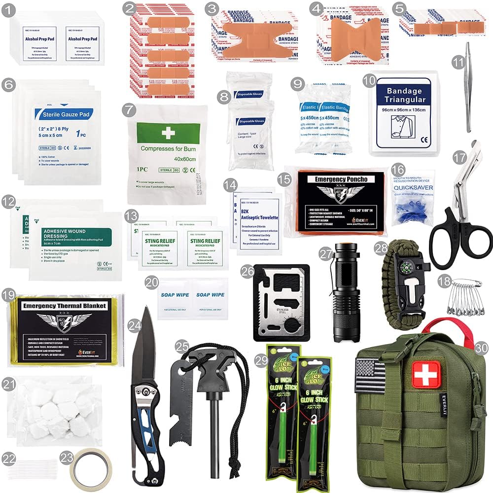 EVERLIT 250 Pcs Survival First Aid Kit | IFAK Outdoor Survival Kit Emergency Kit For Camping Hiking Hunting Earthquake Emergency Preparedness