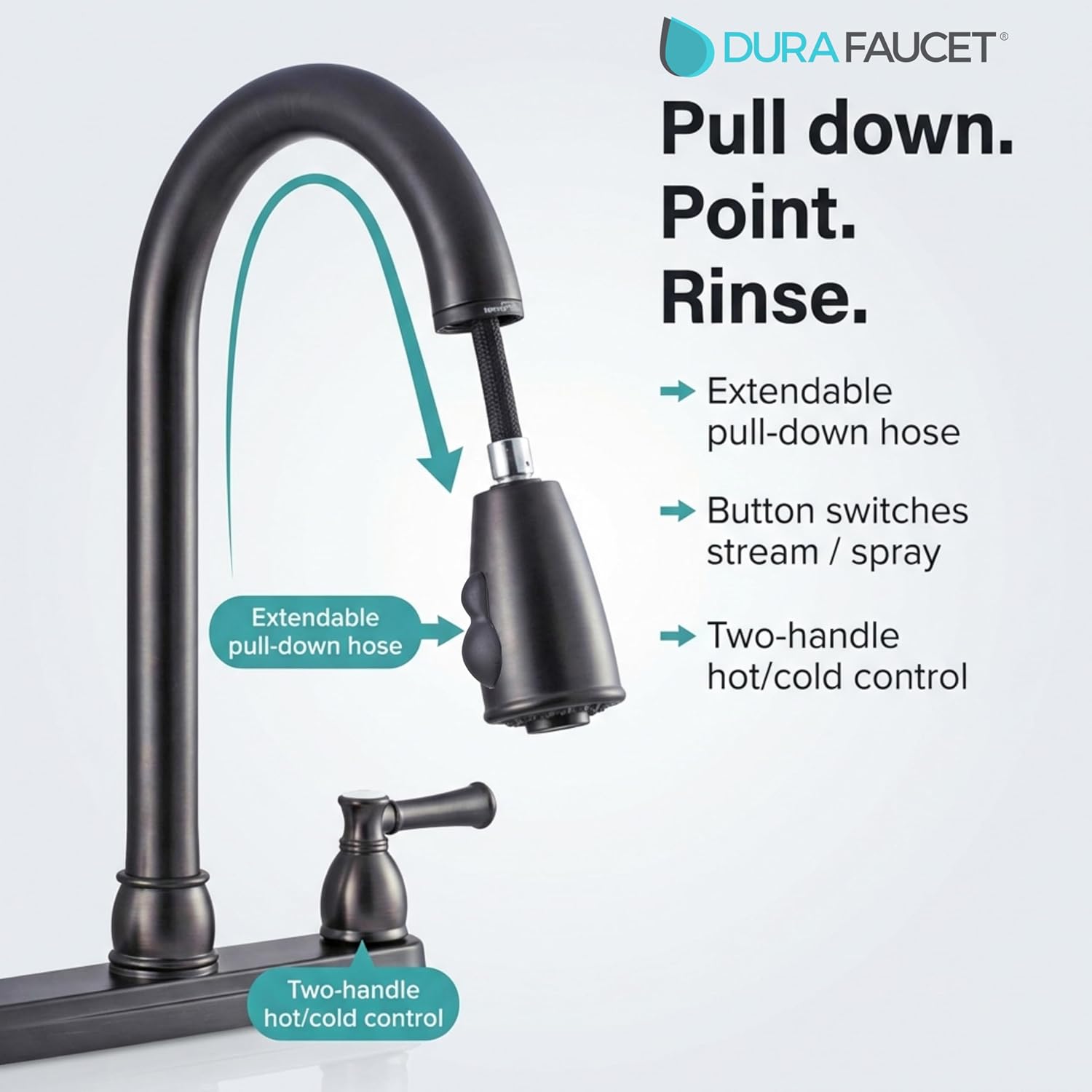 Dura Faucet DF-PK350L-SN RV Pull-Down Kitchen Sink Faucet (Satin Nickel) | Stream-to-spray sprayer with a corrosion-resistant non-metallic build. Brushed Satin Nickel. Plated ABS plastic (not metal).