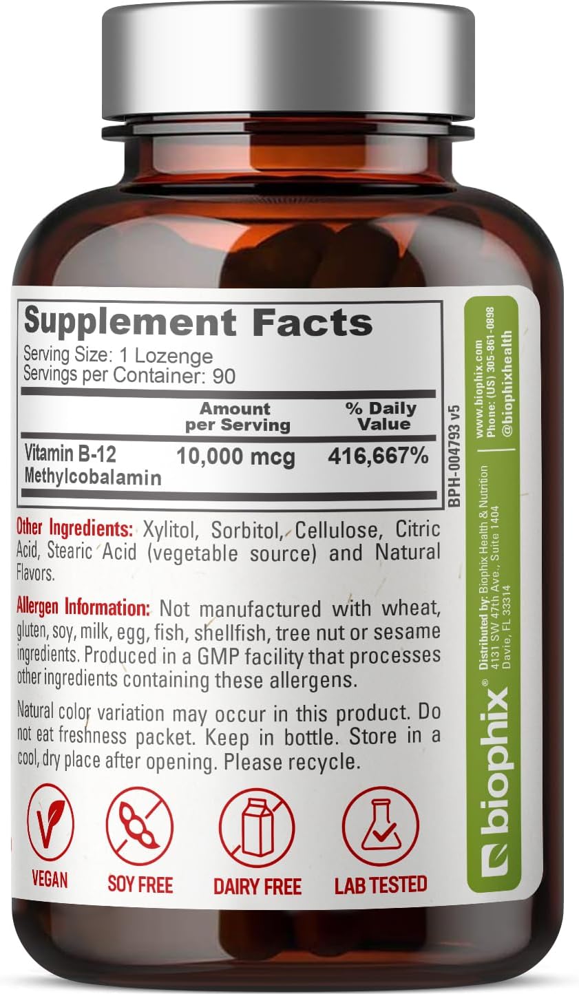 biophix Methyl B-12 10000 mcg 90 Vegan Lozenges Cherry Flavor Extra Strength - Supports Nervous System Immune Health Blood Flow Metabolism Brain
