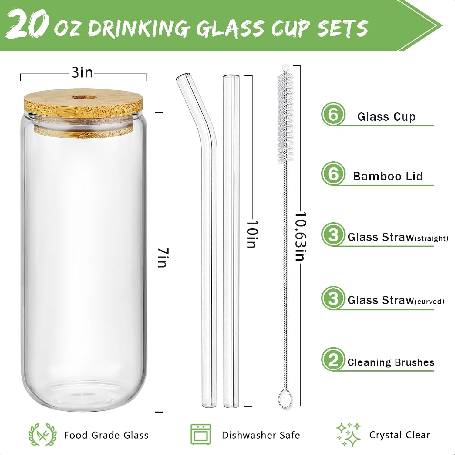 20 Oz Drinking Glasses - 6 Pcs Glass Cups with Bamboo Lids and Straws | Food-grade durable clear tumbler, Coffee bar accessories, Aesthetic gift