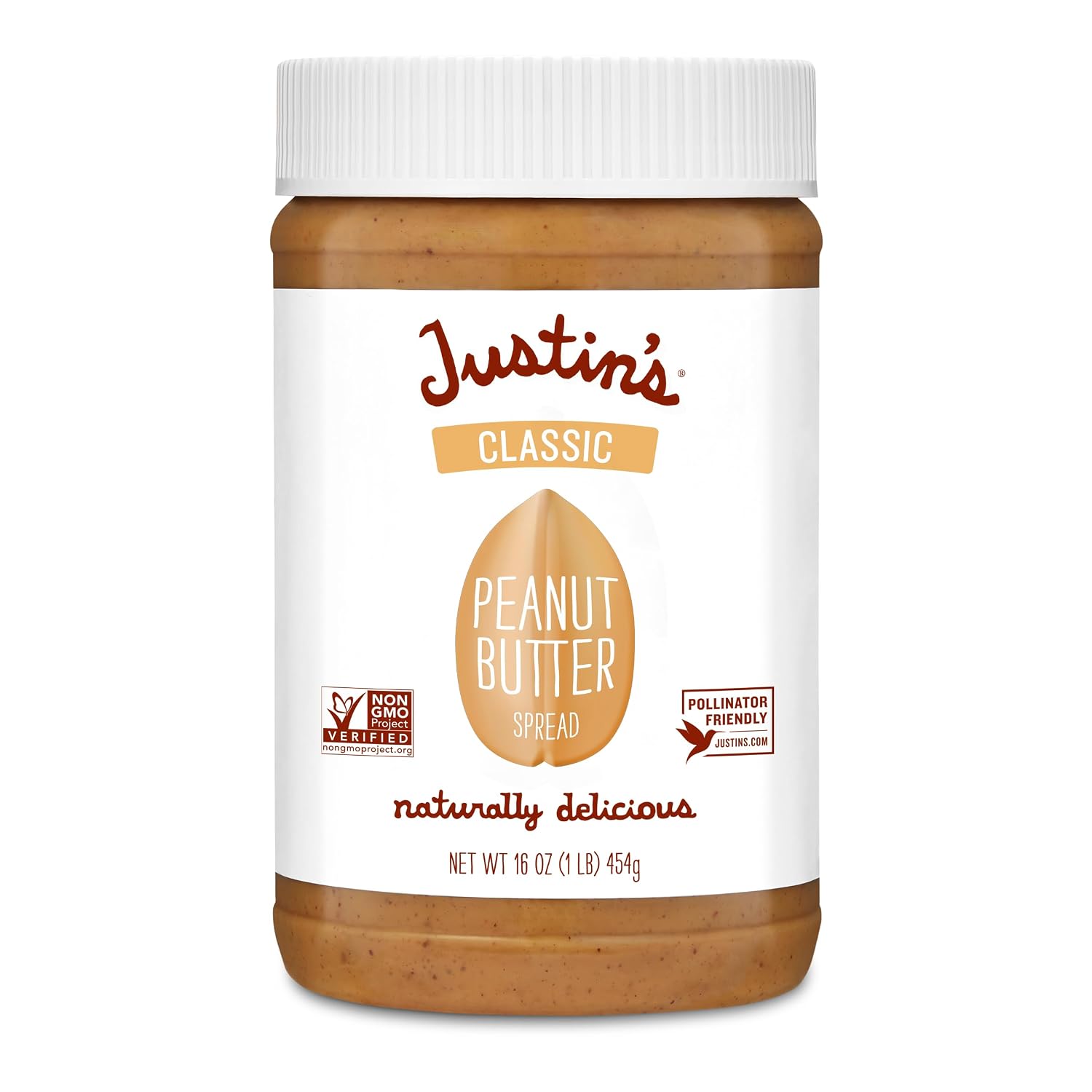 Justin's Classic Peanut Butter, Only Two Ingredients, No Stir, Gluten-free, Non-GMO, Keto-Friendly, Responsibly Sourced, 16oz Jar