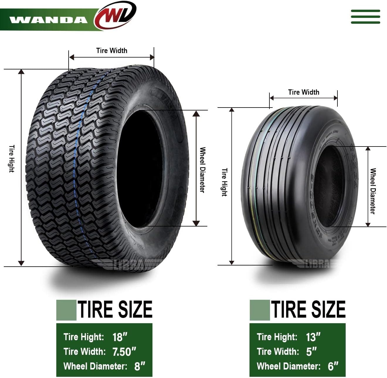 WANDA Set 4 Lawn Mower Turf Tires 16x6.5-8 & 23x10.5-12 /4PR -13019/13049 | Riding Lawn Mover, Garden Tractor
