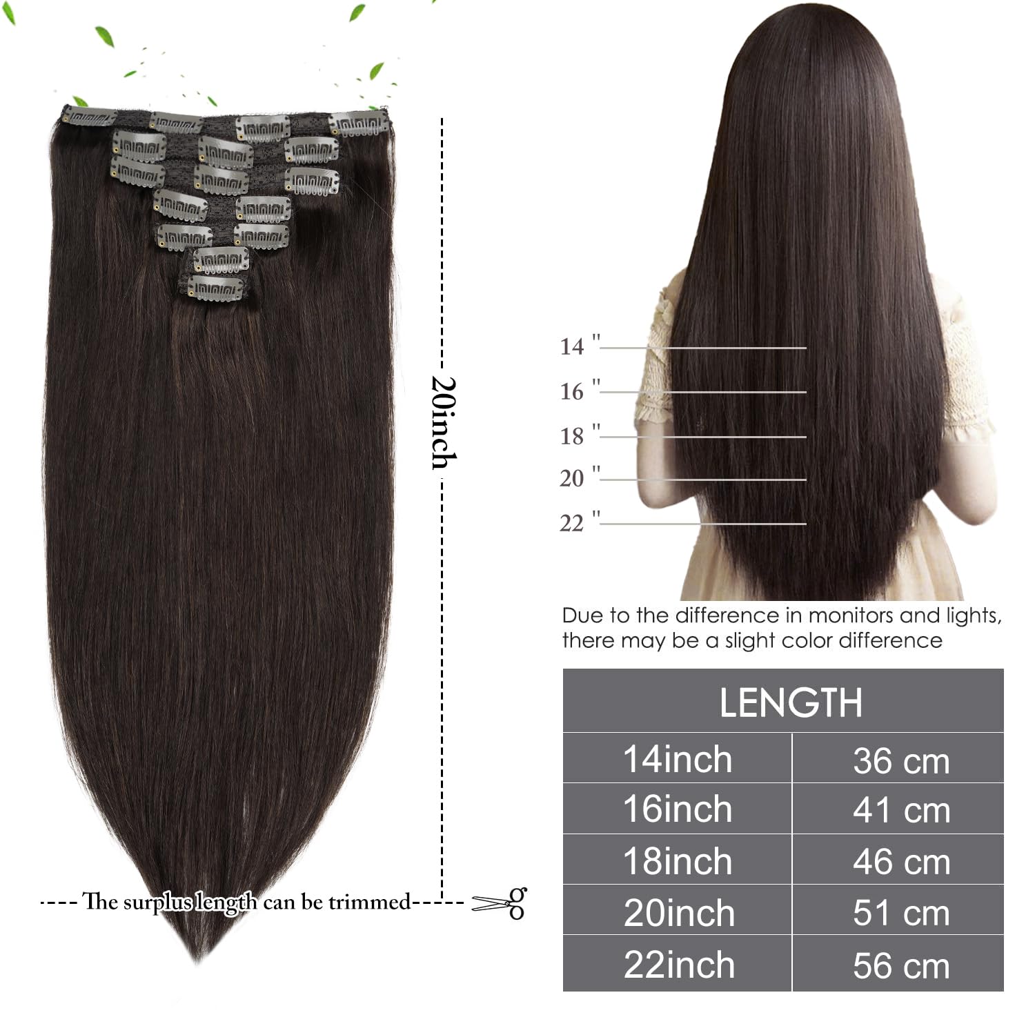 22" Clip in Human Hair Extensions Full Head 200g 10 Pieces 22 Clips Light Brown Double Weft Brazilian Real Remy Hair Extensions Thick Straight (22"