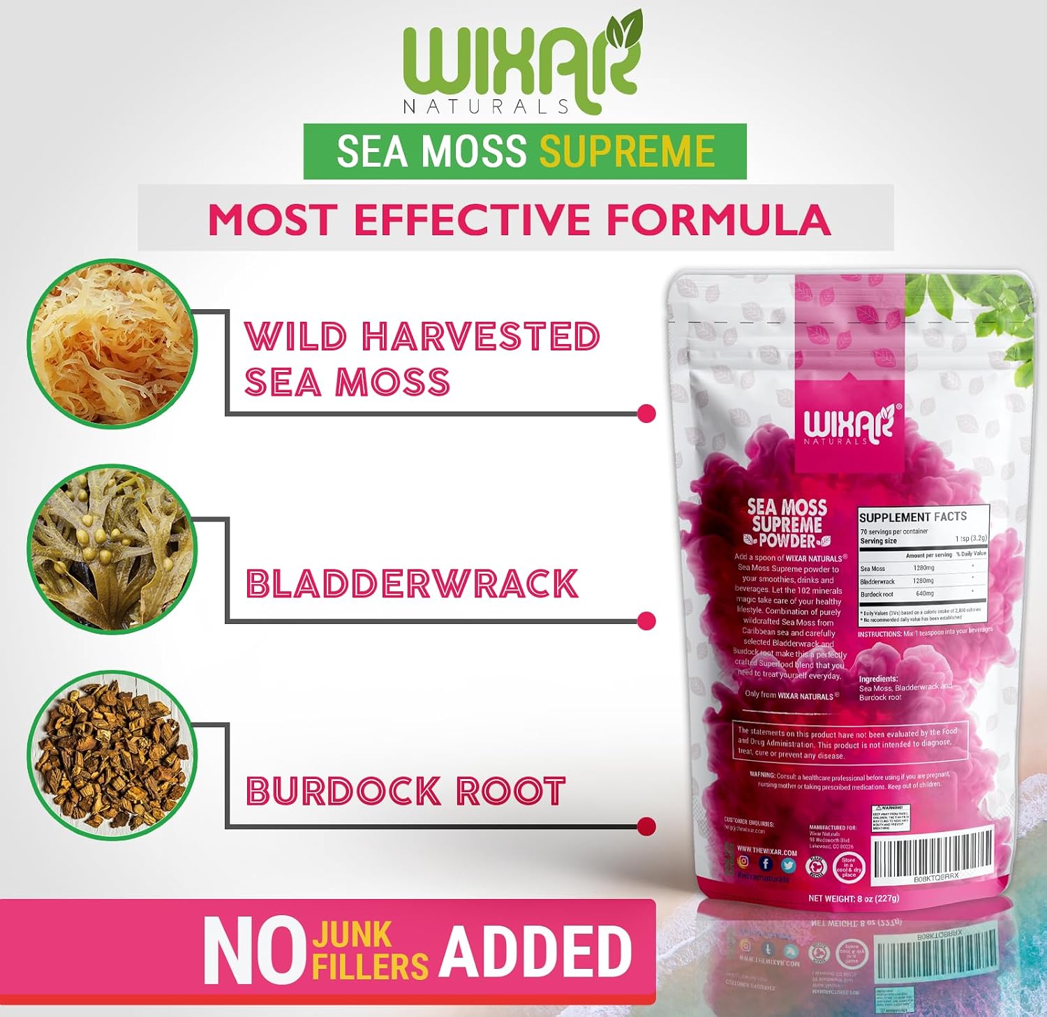 Wixar Wildcrafted Sea Moss Powder – (8 Ounces) – Natural Irish Sea Moss and Bladderwrack with Burdock Powder - Thyroid Support, Healthy Skin