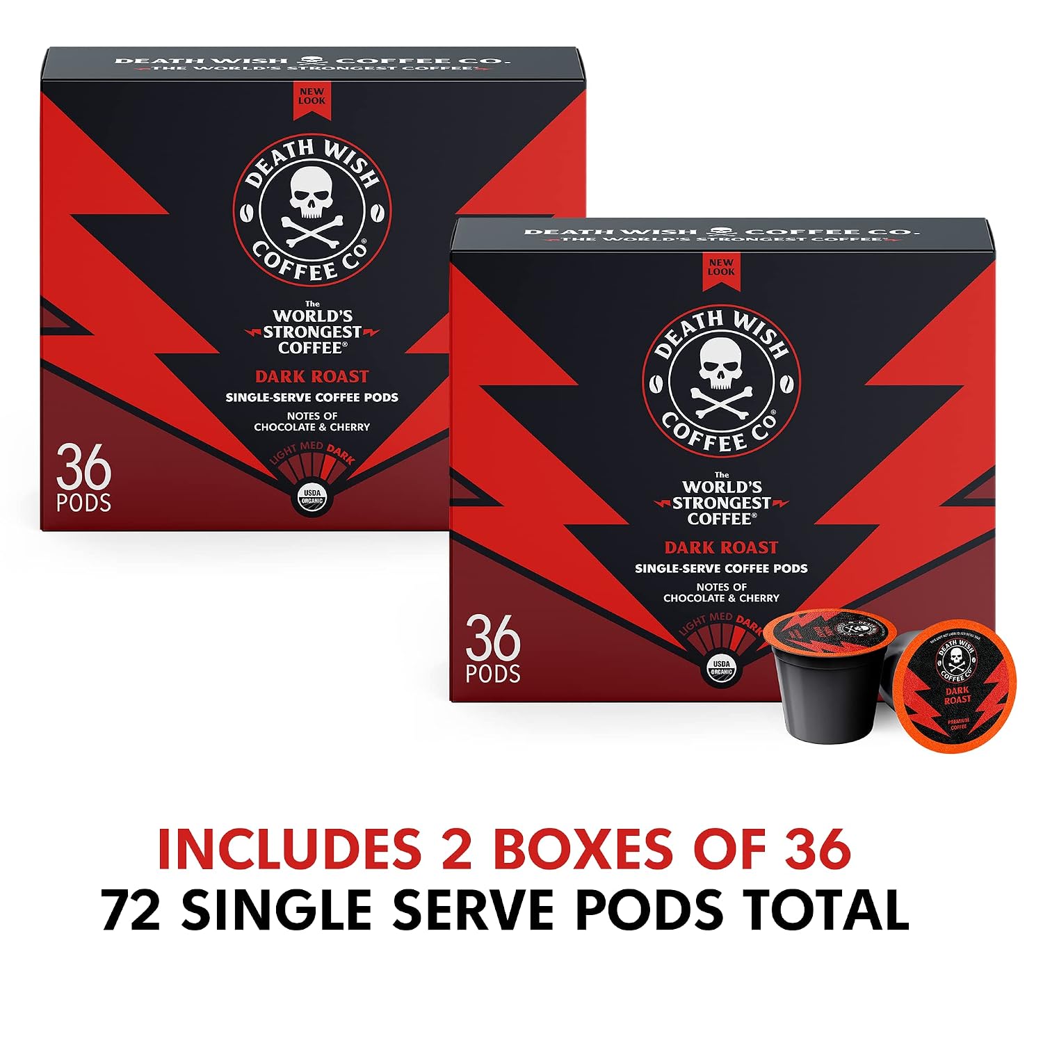 Death Wish Coffee Dark Roast Single Serve Coffee Pods, Organic, 50 Count | Fair Trade Arabica & Robusta, Baker's Chocolate & Cherry Notes, Low Acidity, Heavy Smooth Body, Bold & Intense