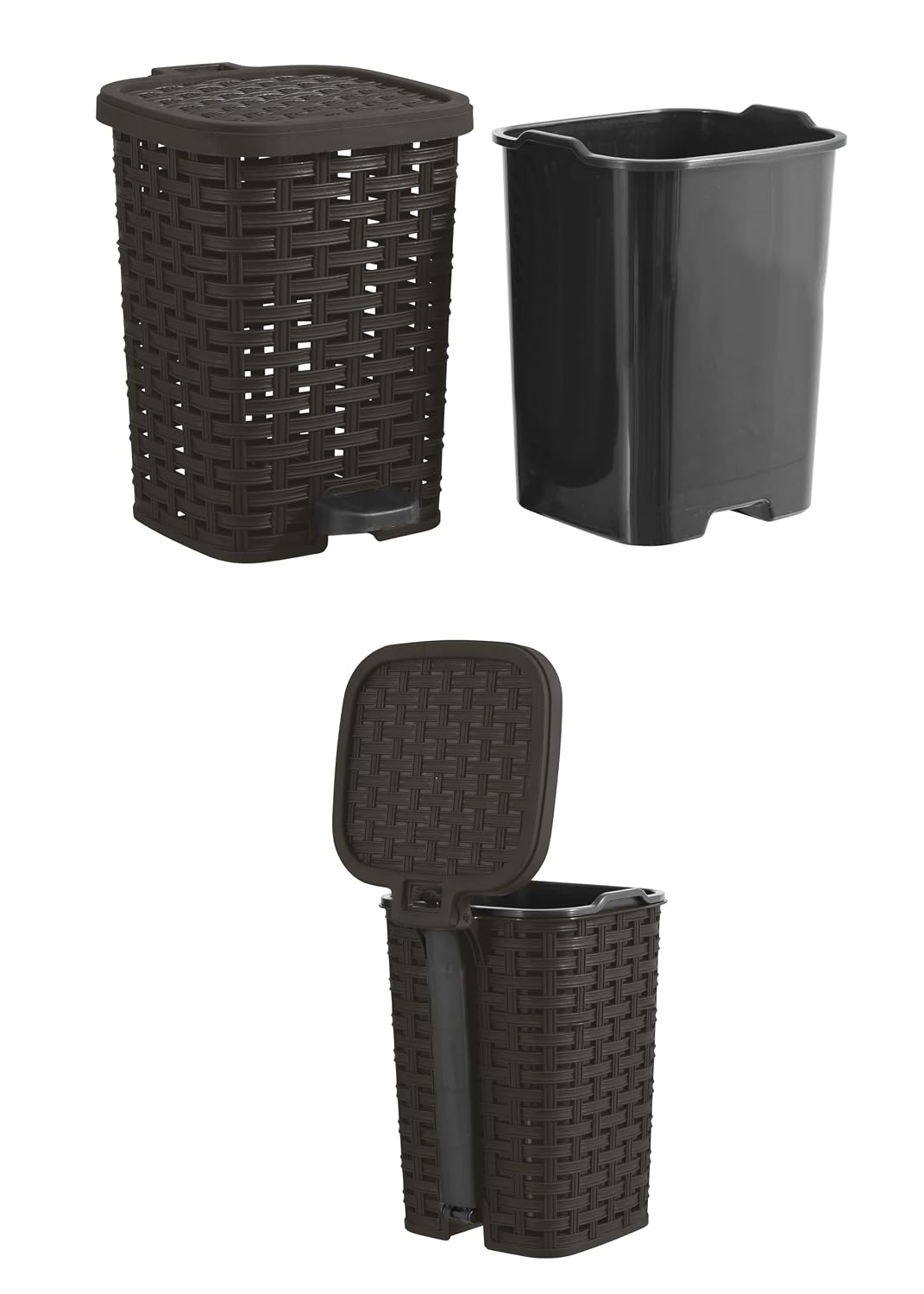 Superio Mini Trash Can with Foot Pedal Small Outdoor Garbage Can with Lid, 1.5 Gallon Plastic Waste Basket for Bathroom, Bedroom, Kitchen, Office, Patio (Wicker Brown 6 QT.)