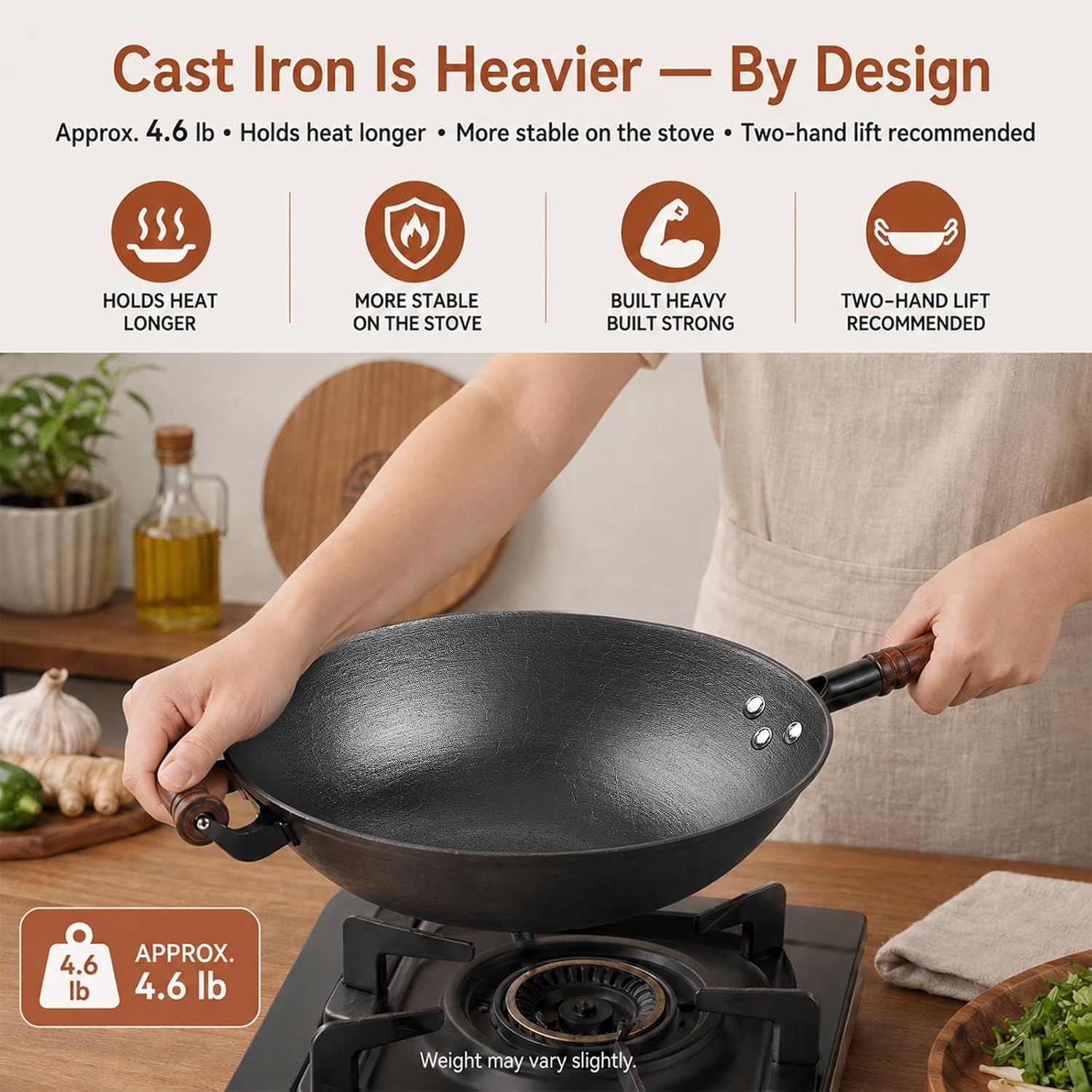 WANGYUANJI 12.6 Inch Cast Iron Wok with Wooden Lid, Handcrafted Flat Bottom Chinese Stir Fry Pan, Uncoated Heavy-Duty Iron Wok for Induction, Gas