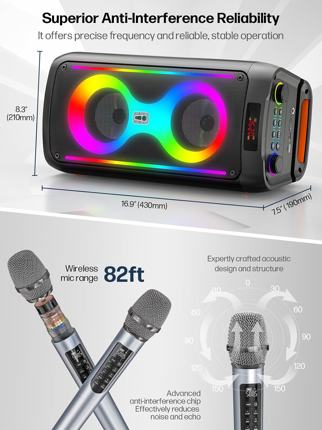 Karaoke Machine with 2 Wireless Mics, Portable Speaker for Party & Outdoor