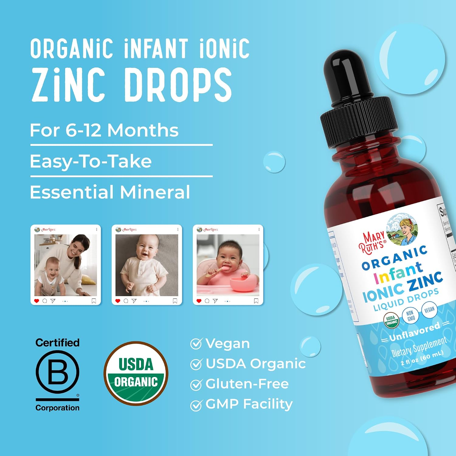 MaryRuth Organic Infant Ionic Zinc Liquid Drops, Unflavored, Vegan, 2 Fl Oz