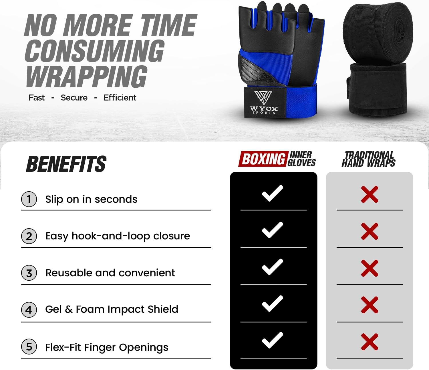 WYOX Neoprene Gel Boxing Hand Wraps Inner Gloves for Men & Women – 80cm/31in Quick Wrist Strap, Padded Knuckle Protection