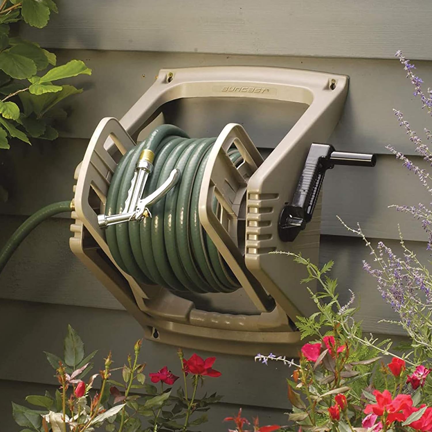 Suncast 100 ft. Tote or Wall Mount Resin Garden Hose Reel with Lid, Taupe