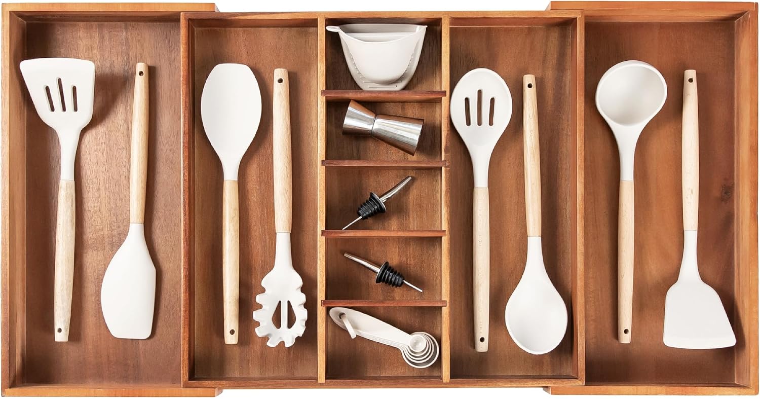 Utensil & Junk Drawer Organizer, 16-28 in, Bamboo | Food-safe contract grade, 100% sustainable wood, non-slip, adjustable