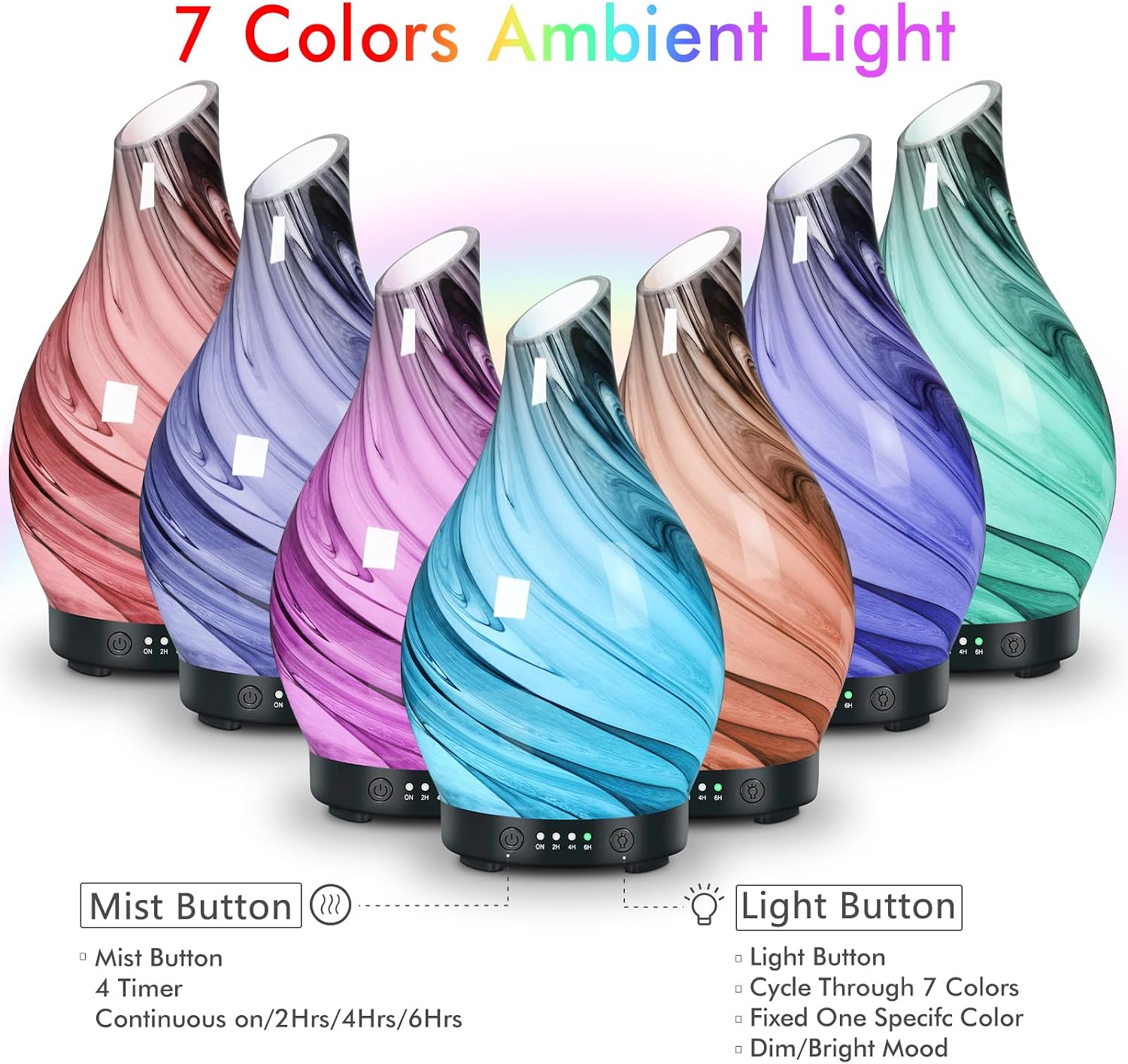 Aromatherapy Essential Oil Diffuser for Home- Art Glass Diffuser for Essential Oils with Waterless Auto Shut-Off 4 Timer 7 Colors LED Night Light