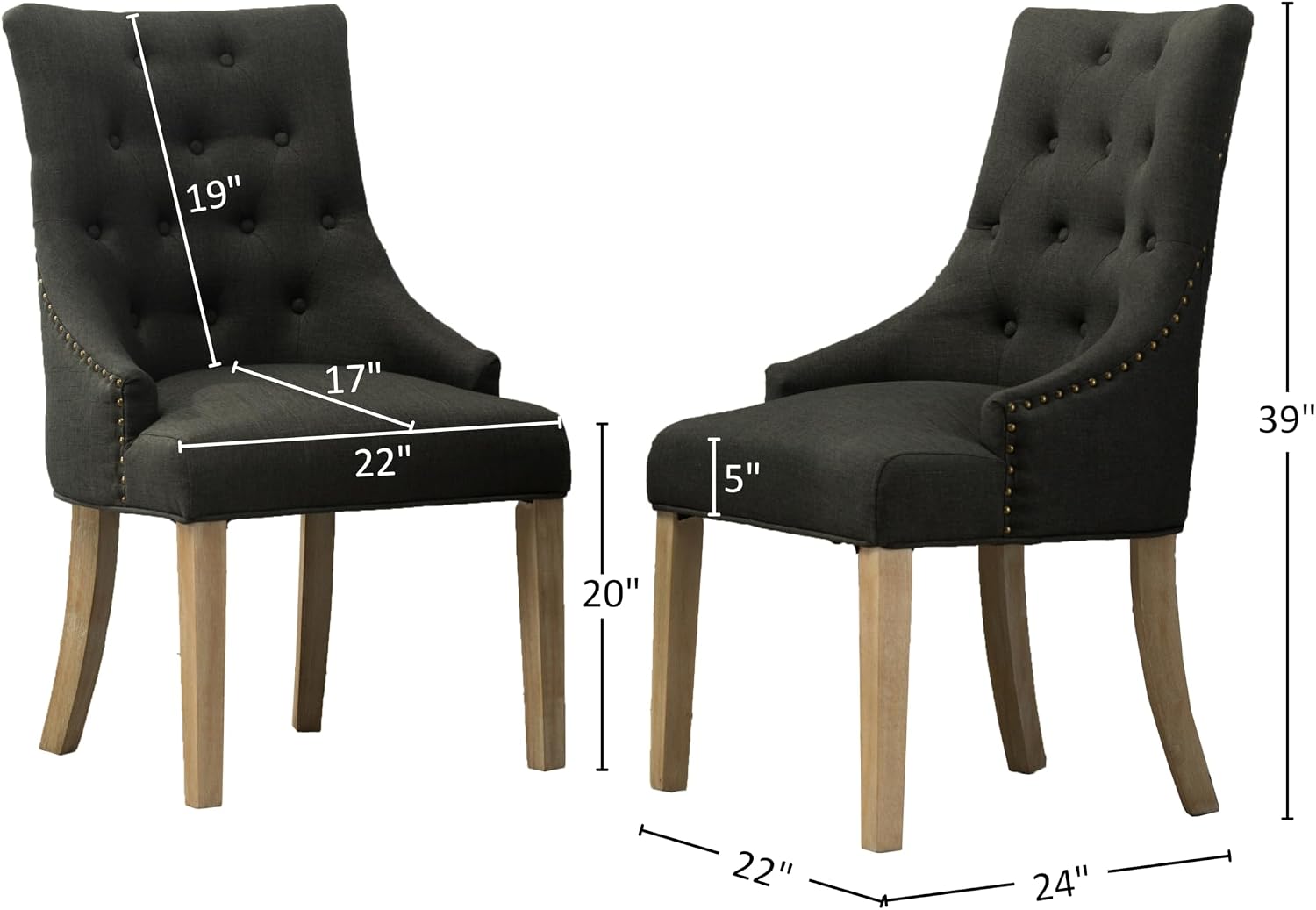 Roundhill Furniture Button Tufted Solid Wood Wingback Hostess Chairs with Nail Heads, Set of 2, Tan, White, "Tan, 24D x 22W x 39H in