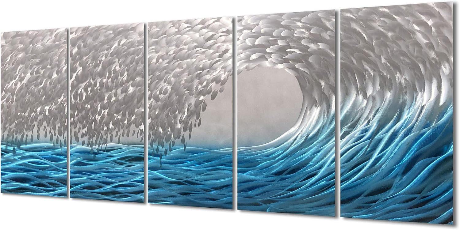 Yihui Arts Handcrafted 3D Metal Wall Art - Ocean Wave Sculpture, 5 - Panel Aluminum Decor for Living Room, Bedroom & Office