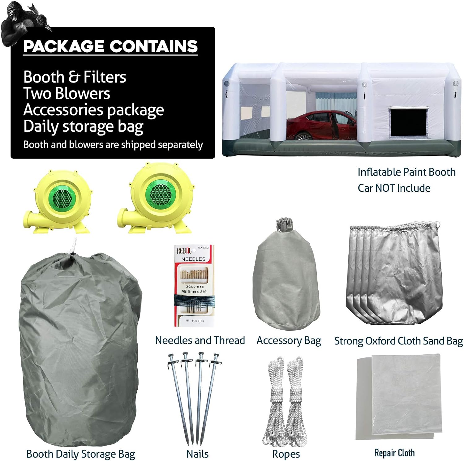 GORILLASPRO Inflatable Paint Booth 26x15x10Ft, Inflatable Spray Booth with (750W + 950W) Blowers, Upgrade Air Filter System Environment Friendly
