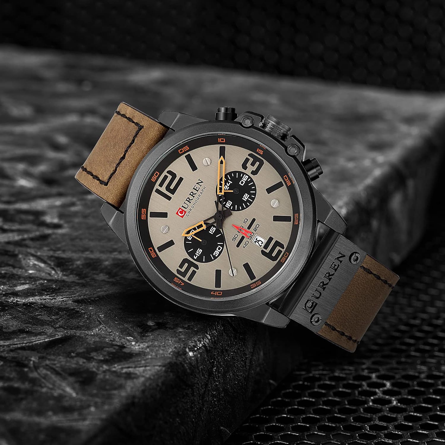 FANMIS Mens Classic Analog Quartz Chronograph Sandwich Dial Leather Watch