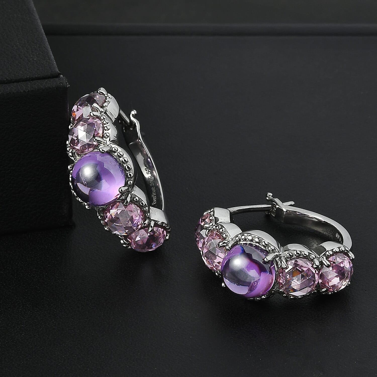 Amethyst Color and Pink Cubic ZirconiaEarrings in Stainless Steel