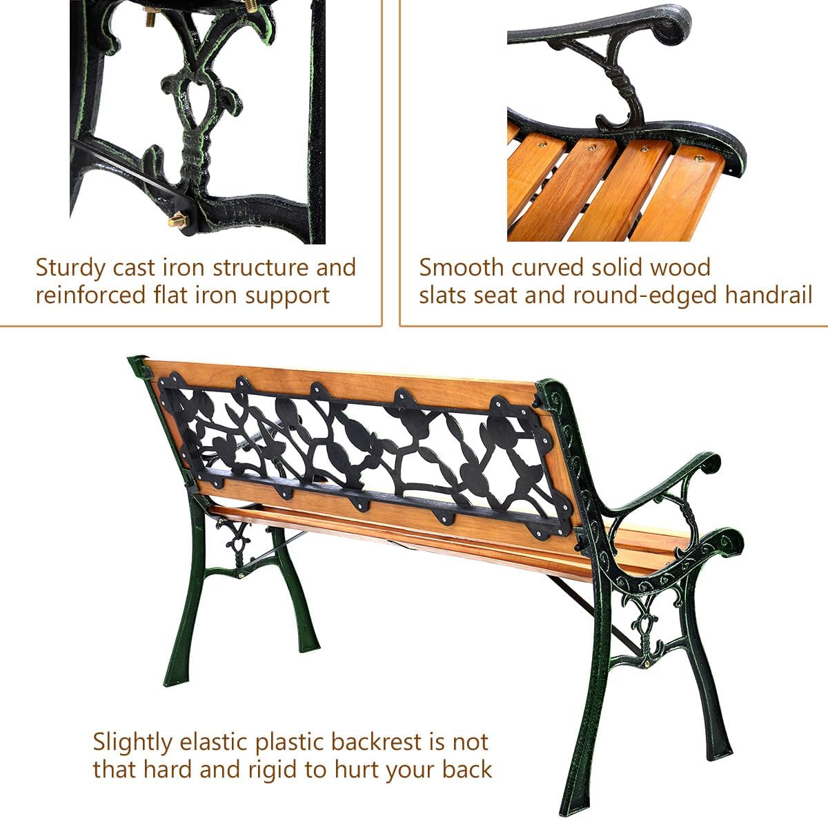 GIANTEX 50'' Patio Park Garden Bench, Outdoor Furniture Rose Cast Iron | Porch Loveseat for 2 Person with Hardwood Frame and Armrest