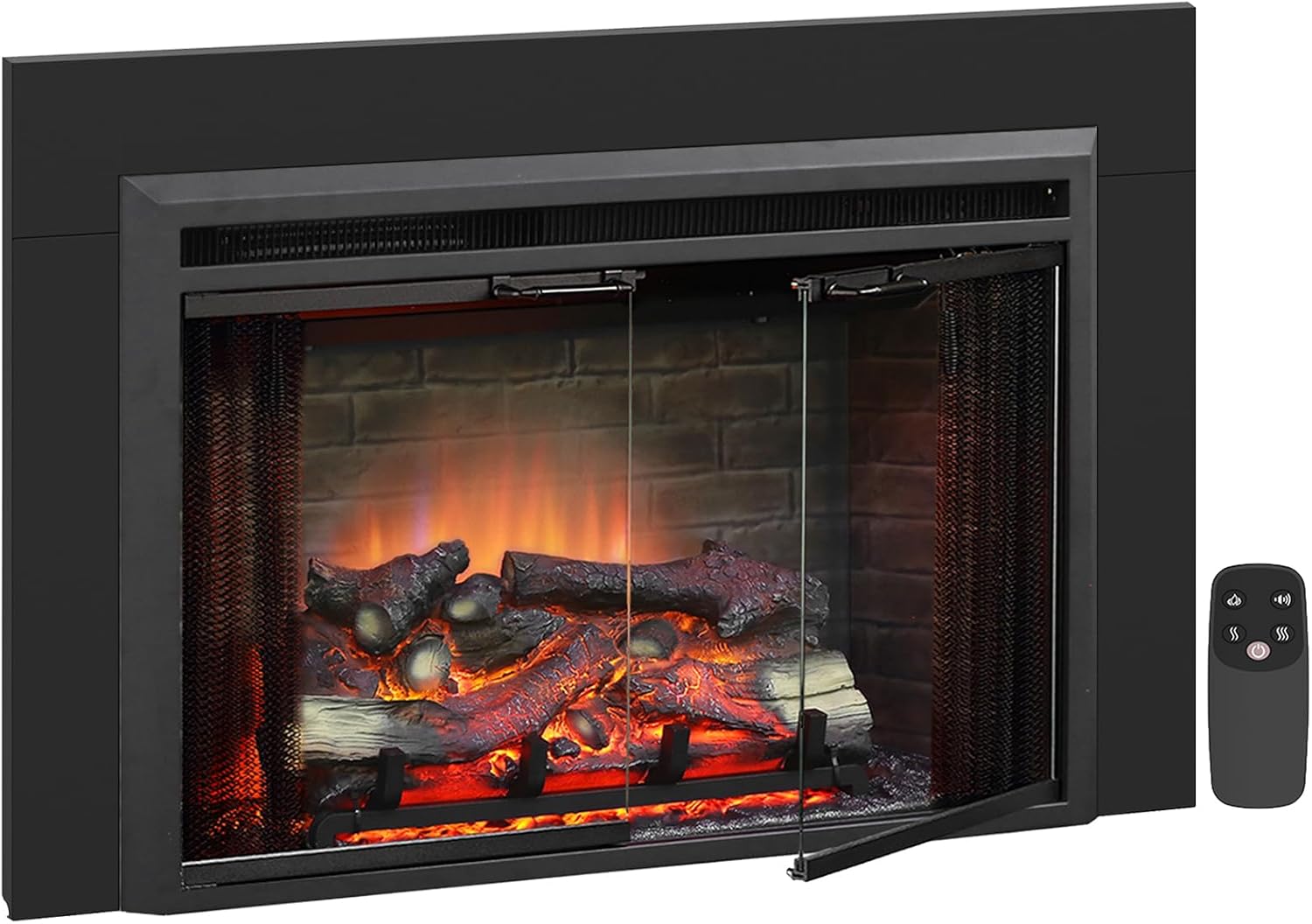 PuraFlame Klaus Electric Fireplace Insert with Fire Crackling Sound, Glass Door and Mesh Screen, 750/1500W, Black, 29 15/16 Inches Wide