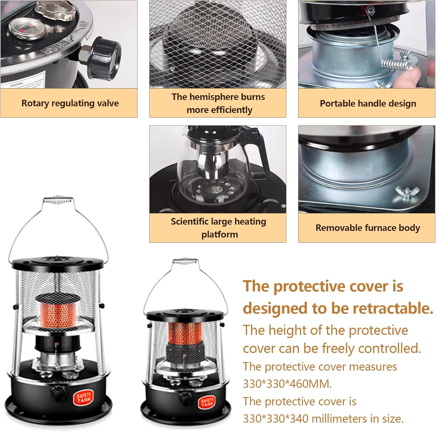 Portable Kerosene Heater, Adjustable Height 5.2L 20-25 Hours Heat 2.6KW Output for Garage Camping Emergency, with Safety Net and Accessories