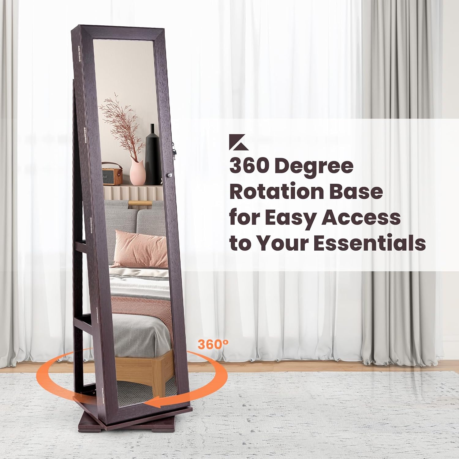 CHARMAID 360° Swivel Jewelry Armoire with Higher Full Length Mirror, Standing Lockable Jewelry Cabinet Organizer with Large Storage Capacity