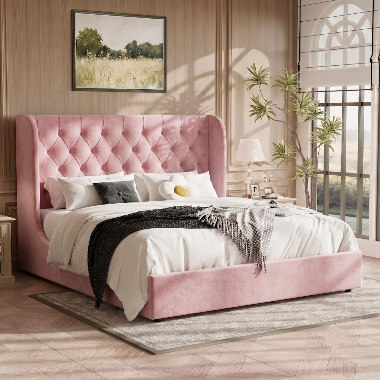 HOMBCK Full Size Bed Frame with Headboard, Upholstered Platform Bed, White | Velvet Tufted Curved Wingback/Wooden Slats Support/No Box Spring Needed/Noise-Free/Easy Assembly