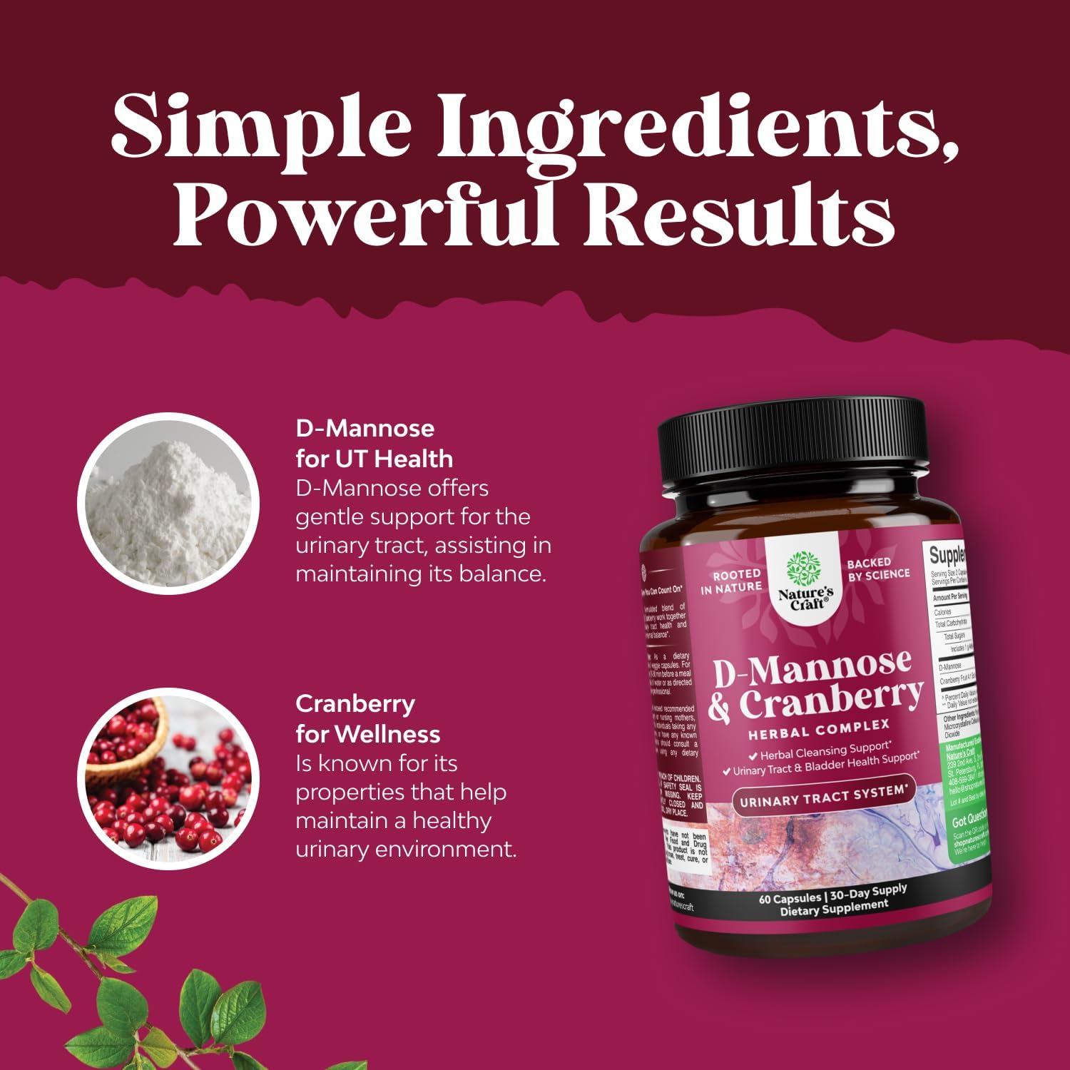 D Mannose with Cranberry Supplement - Potent D Mannose 1000mg Capsules for Kidney Defense Support & Cleanse and Urinary Tract Health for Women & Men