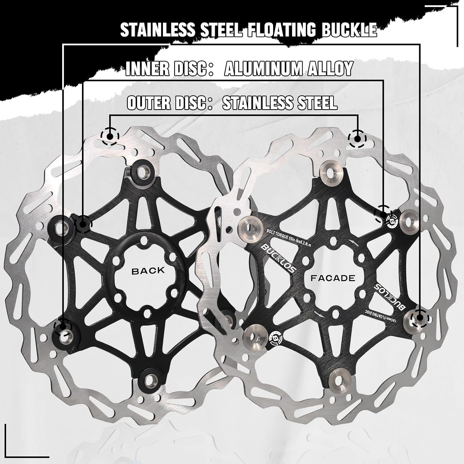 BUCKLOS 160mm 180mm 203mm Floating Disc Brake Rotor, Stainless Steel MTB Brakes Rotors with 6PC Bolts