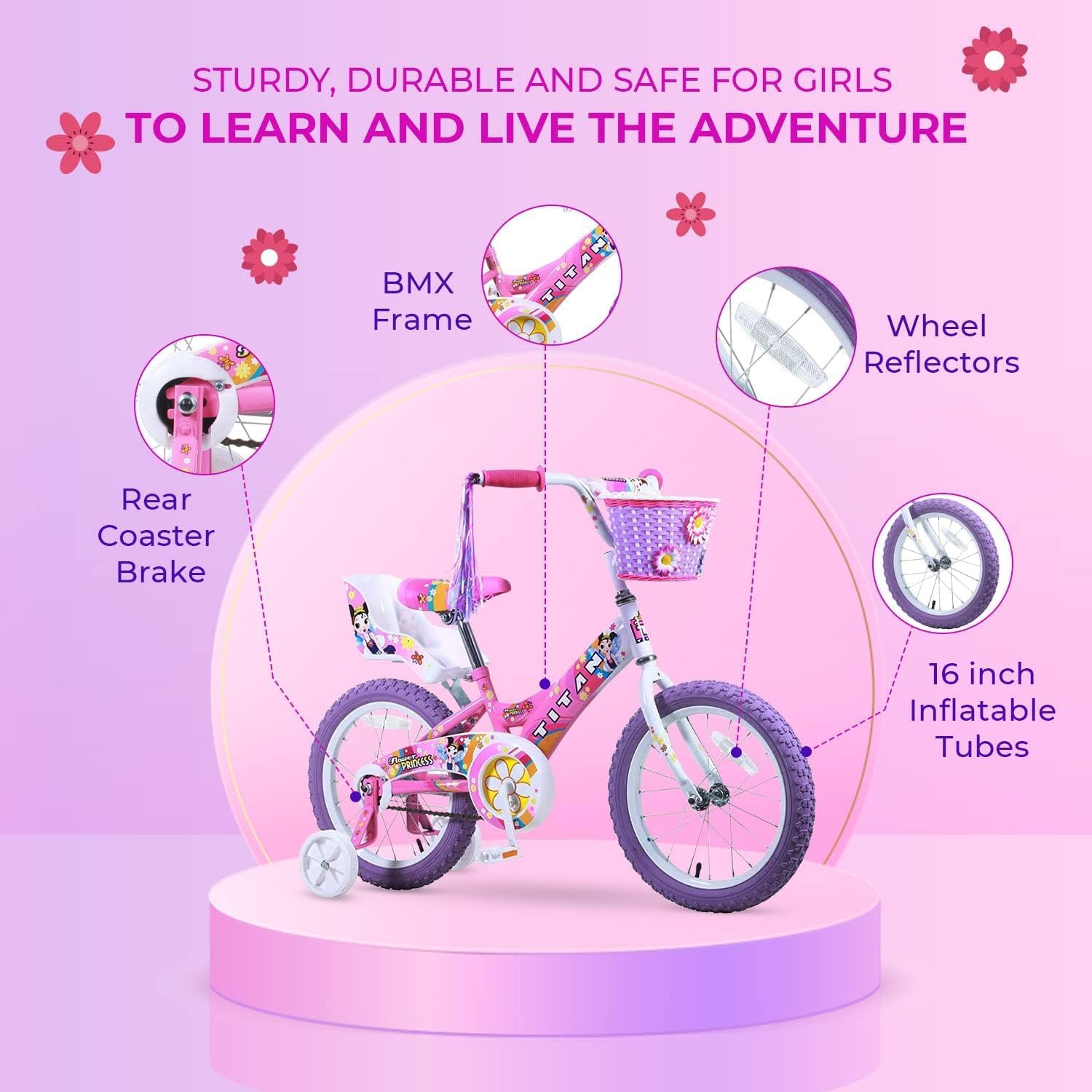 Titan Girls BMX Bike for Kids Ages 4-7, 16-Inch Wheels, 9-Inch Frame, Training Wheels, Toy Seat, Doll Basket, Streamers, First Bike, Princess Bicycle, Gift for Girls