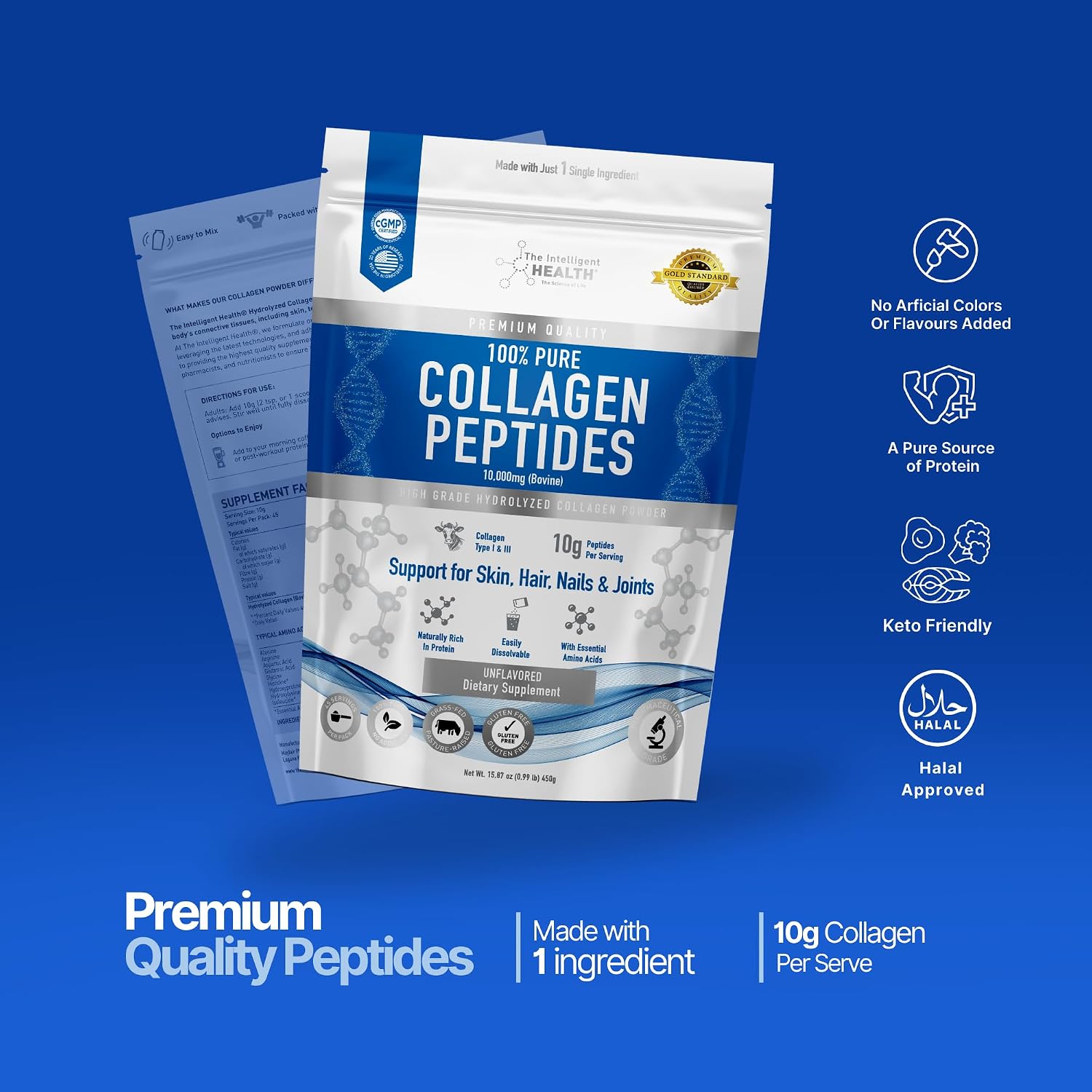 Collagen Peptides Powder, Hydrolyzed Collagen, Type I & III, 45 Servings | Grass Fed, Unflavored, Gluten Free, Keto/Paleo, Skin Support, Hair, Nail, Joints, 10g Servings, 15.9 Oz