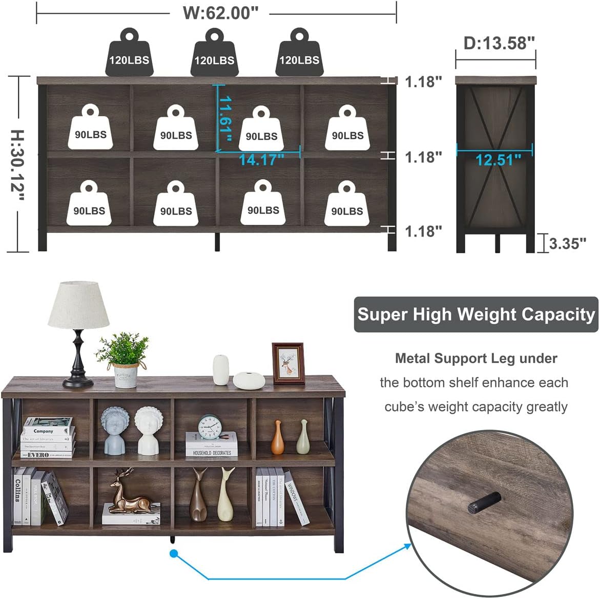 FATORRI 8 Cube Storage Organizer Bookshelf, 62 Inch Wood Horizontal Bookcase, Farmhouse Cube Long Book Shelf