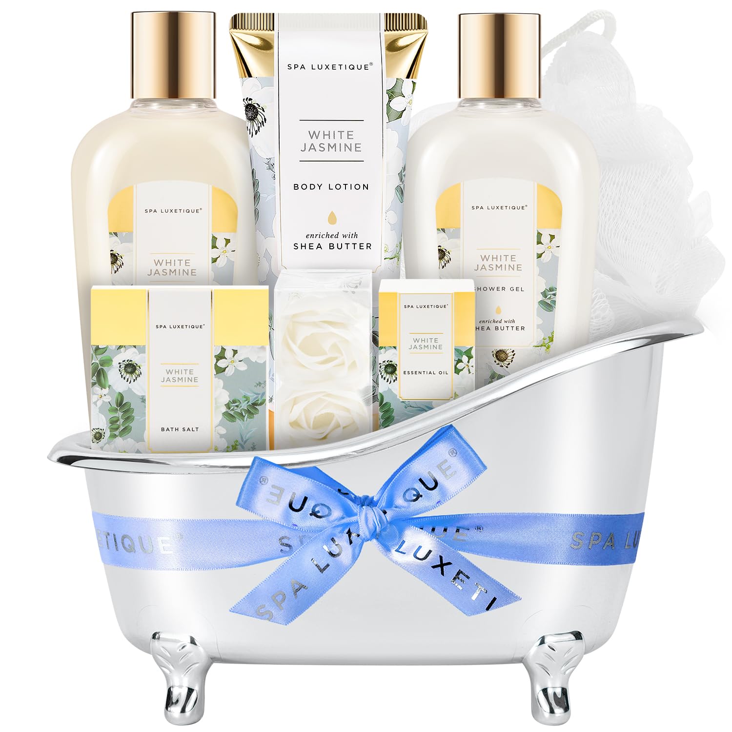 Self Care Gifts for Women, Spa Luxetique 8pcs Daisy Bath and Body Gift Baskets for Her, Bath Set with Bubble Bath, Lotion, Christmas Gifts for Mom