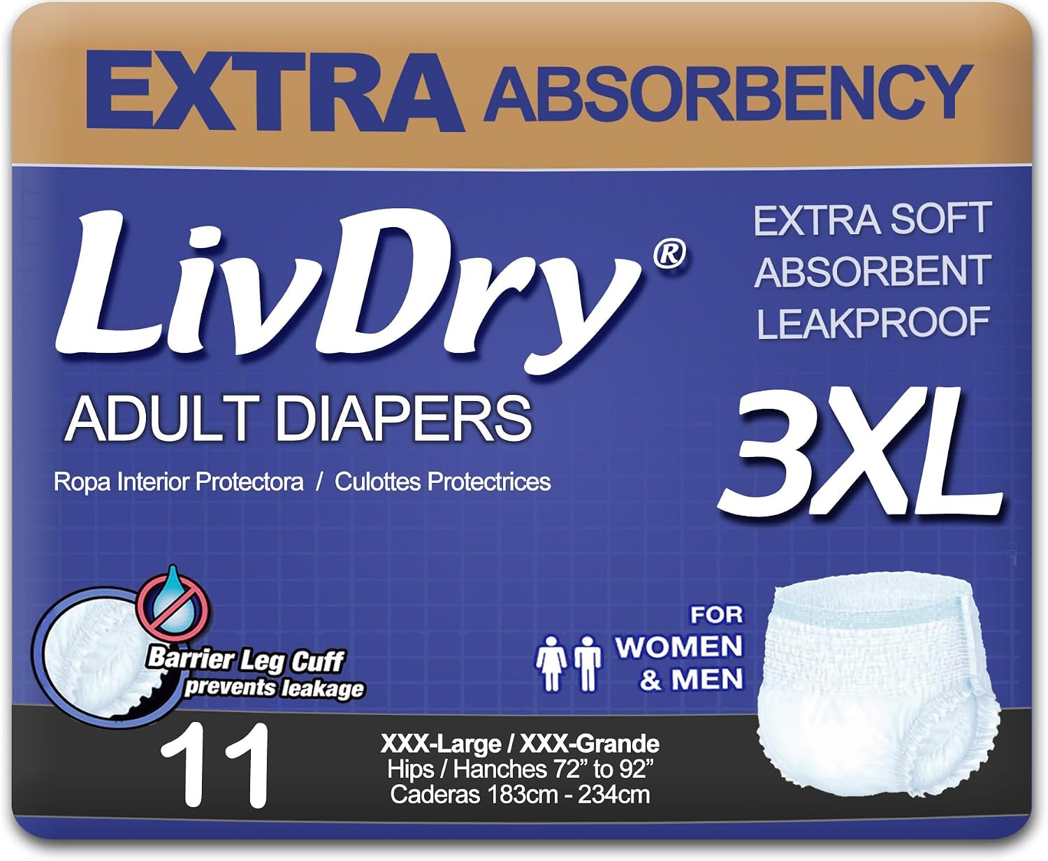 LivDry Adult Incontinence Underwear, Extra Absorbency Adult Diapers, Leak Protection, Large, 72-Pack