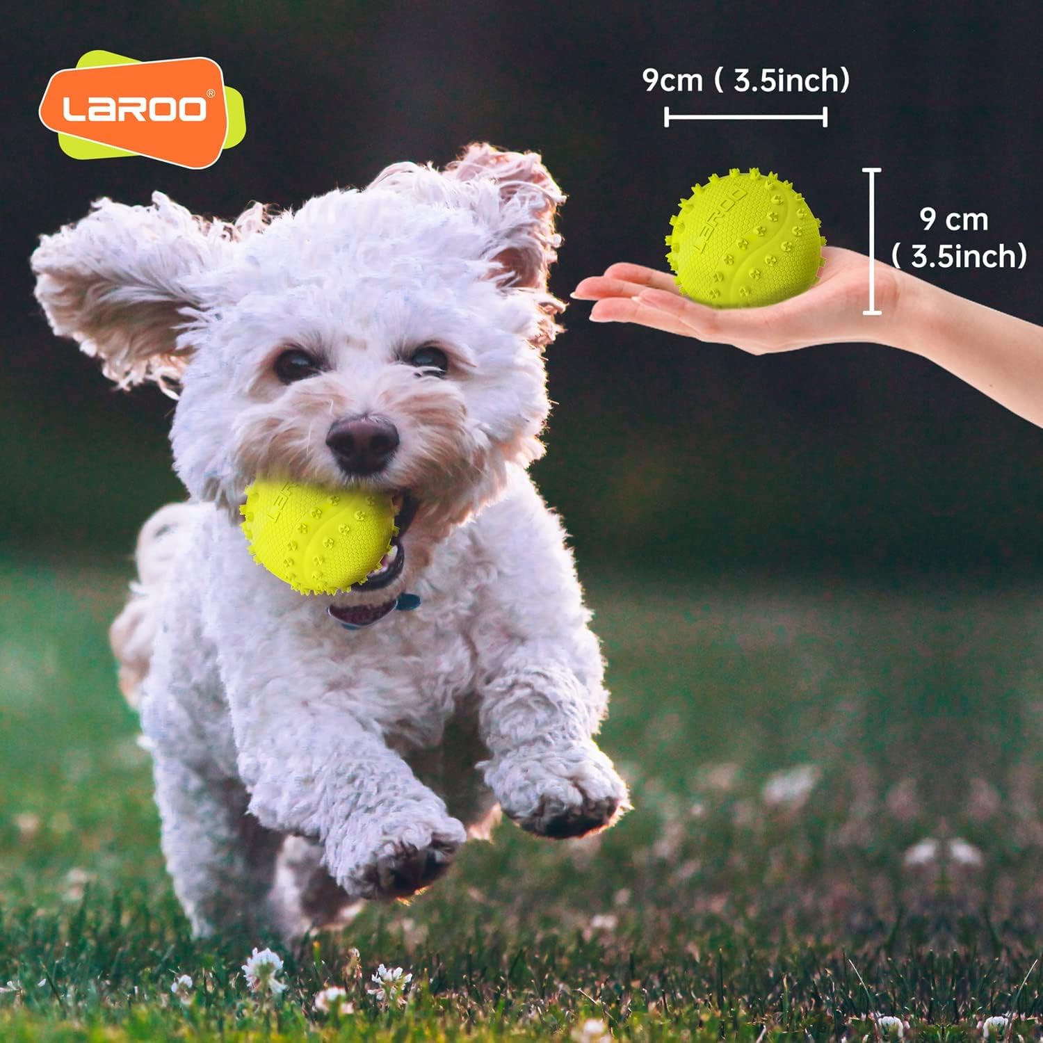 LaRoo Squeaky Dog Ball Toy,Durable Natural Rubber Squeaker Ball Throwing Training,Teeth Cleaning Chew Toy for Pet Medium and Large Dogs (3.5In Green)