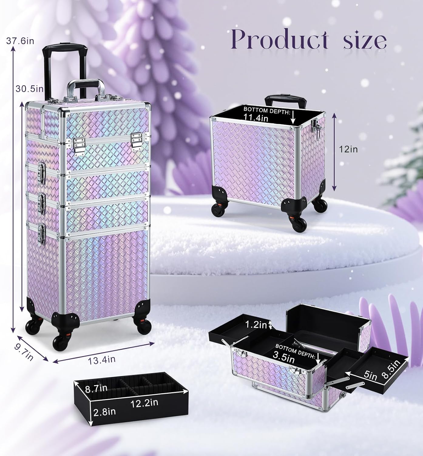 Stagiant Rolling Makeup Case Cosmetology Case on Wheels 4 in 1 Large Cosmetic Organizer Train Case Makeup Travel Case with Key Swivel Wheels Nail