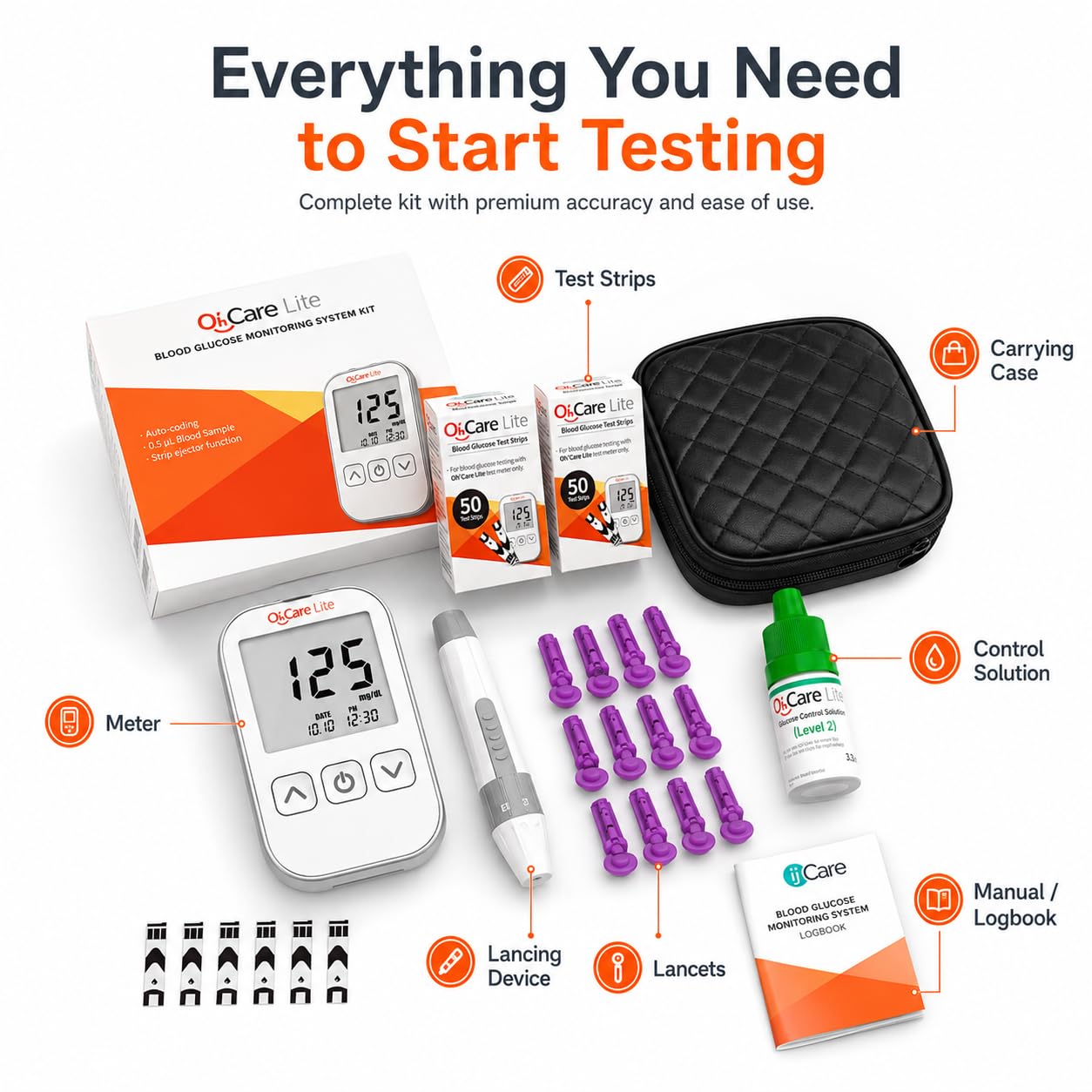Oh’Care Lite Blood Sugar Test Kit – Blood Glucose Meter with Strips and Lancets, Lancing Device, Log