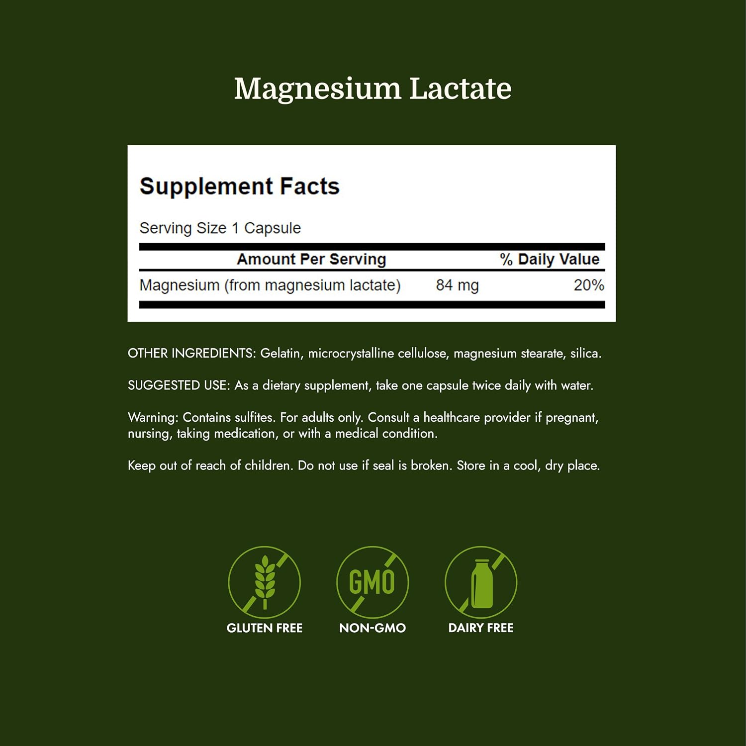 Swanson Magnesium Lactate Lactose-Free, 84 mg, 120 Capsules | Lactose-Free Mineral Supplement for Muscle and Bone Health Support, Gentle on the Stomach, Non-GMO and Gluten-Free