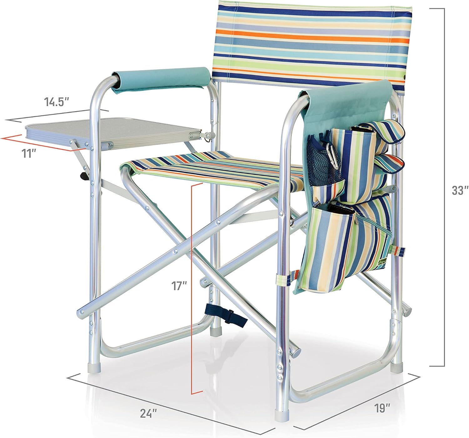 PICNIC TIME Sports Chair with Side Table and Armrest Caddy, Lightweight Aluminum Folding Outdoor Camping Chair for Adults, Portable Director Style Lawn Seating with Pockets & Carry Strap, (Navy Blue)