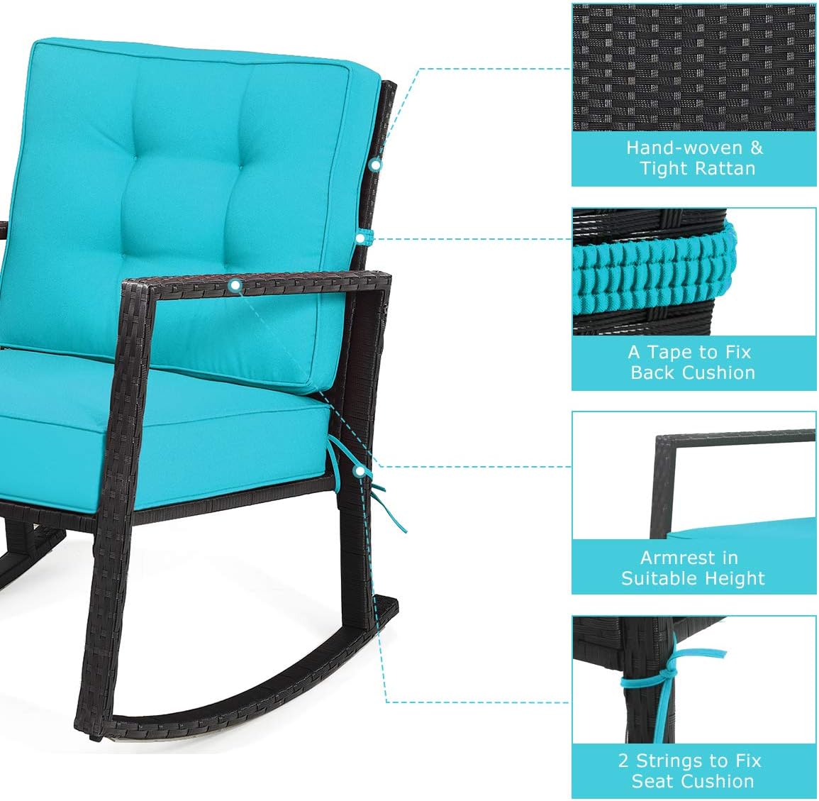 Tangkula Wicker Rocking Chair, Outdoor Glider Rattan Rocker Chair with Heavy-Duty Steel Frame